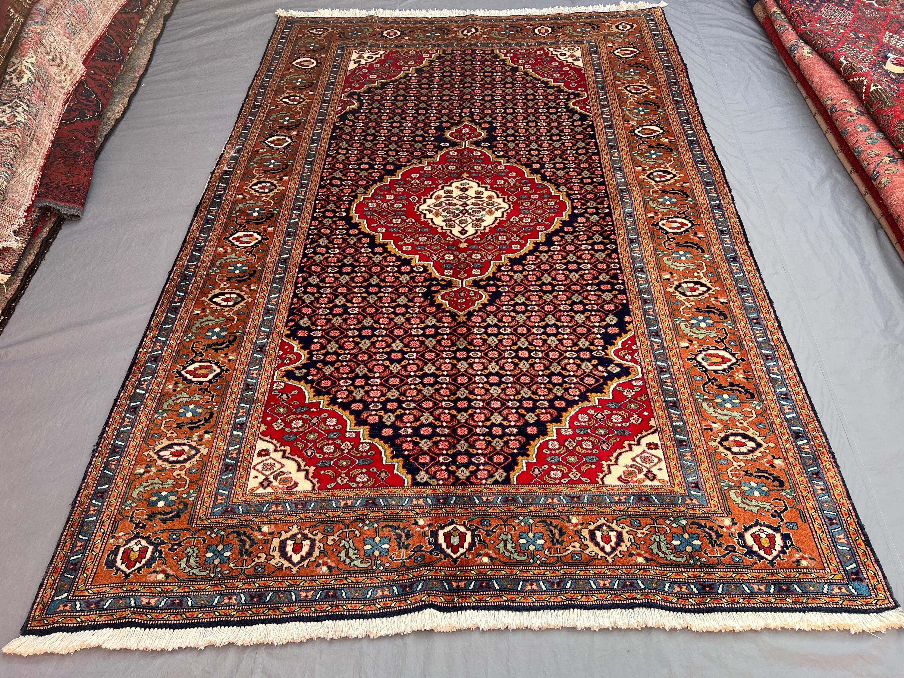 Vintage Afghan Baluchi Rug 6'6x9'9 Geometric Medallion Design Red Navy Floral Tribal Large Area Rug Living Roo