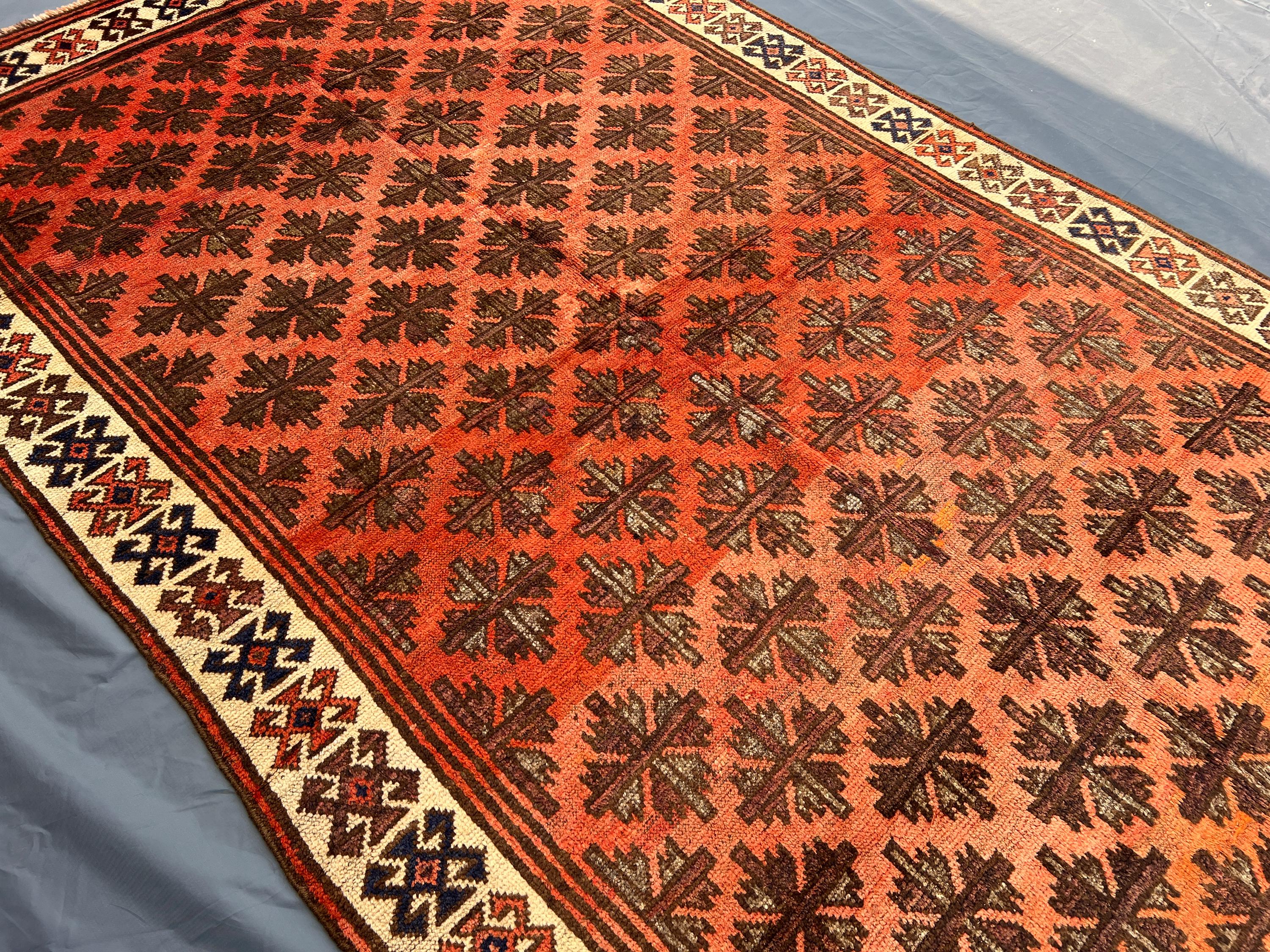 5'5x9'3 ft Antique Afghan Rug, Hand Knotted Tribal Wool Carpet, Orange Faded Geometric Design, Rare Vintage Rug | Boho Home Decor, Floor rug