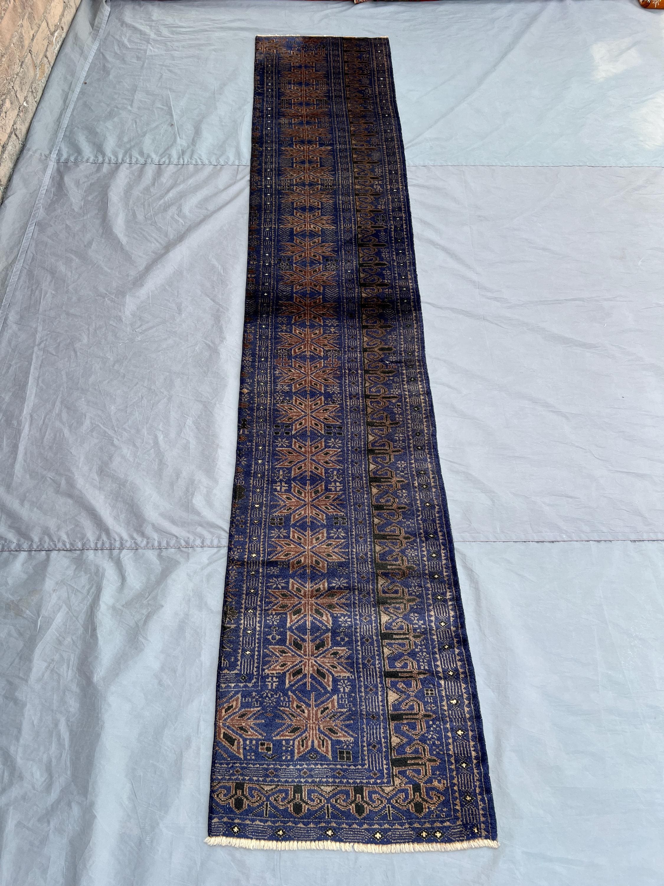 Antique Afghan Runner Rug 2x10 | Narrow Wool Tribal Corridor Carpet | Blue Geometric Hand Knotted Long Hallway