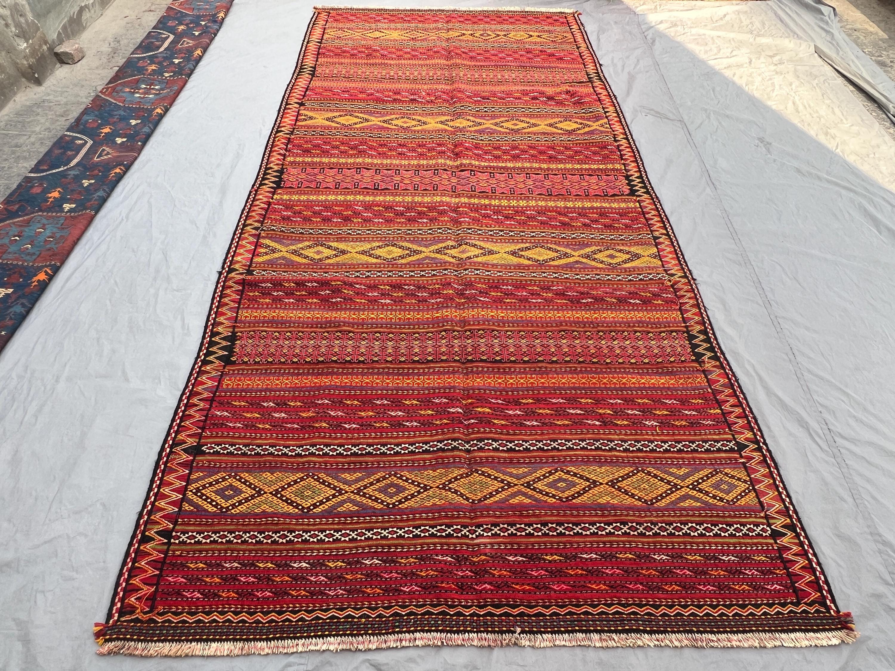 6x12'8" Ft Vintage Afghan Baulchi Handwoven Kilim Flat Weave Rug, Geometric Design, Tribal Wool, Antique Hallw