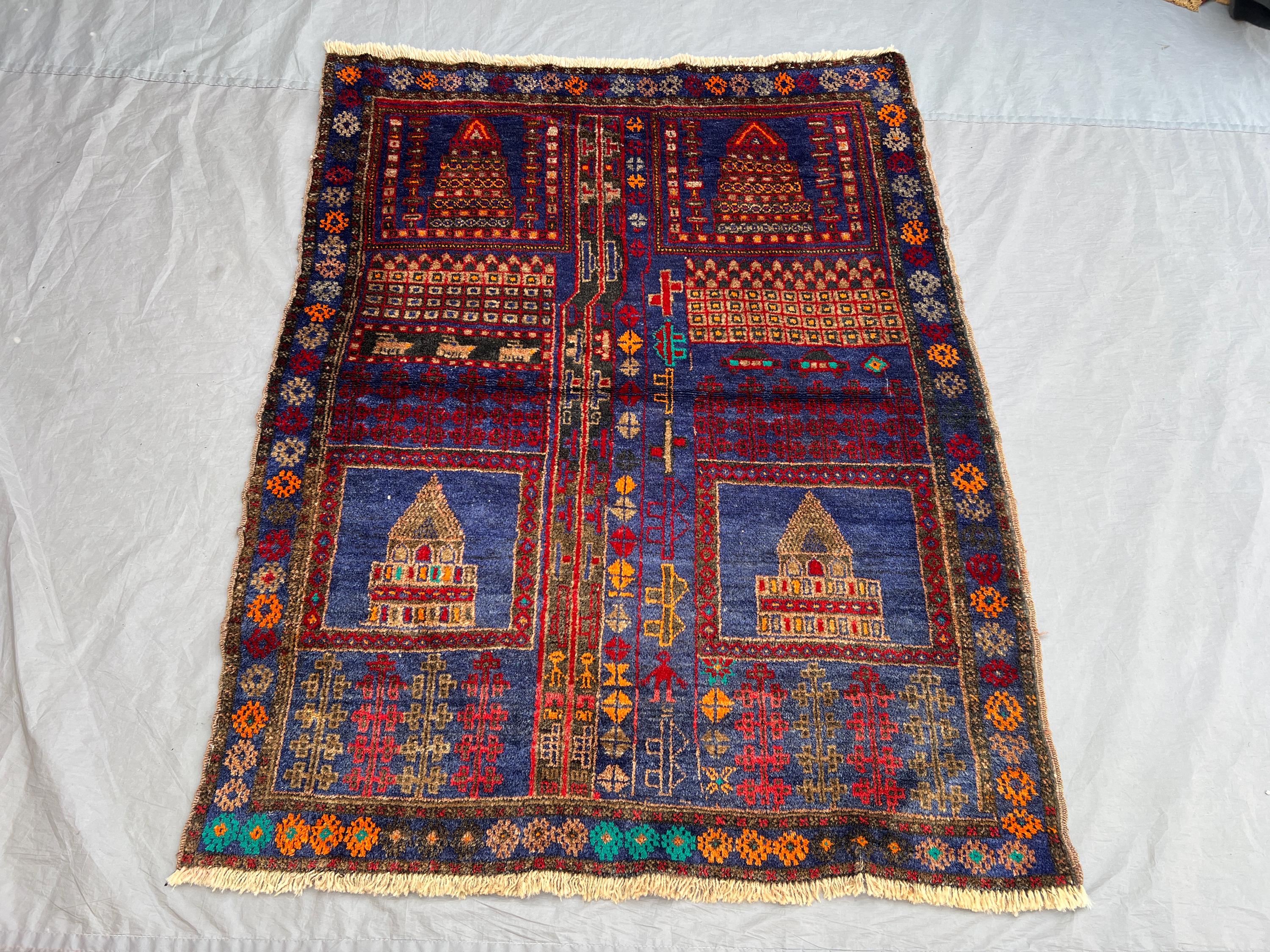 3'9x4'10 ft Vintage Afghan Rug – Tribal Geometric Design, Colorful Motifs, Handmade Rug, Boho Home Decor, Cozy Living Room Accent