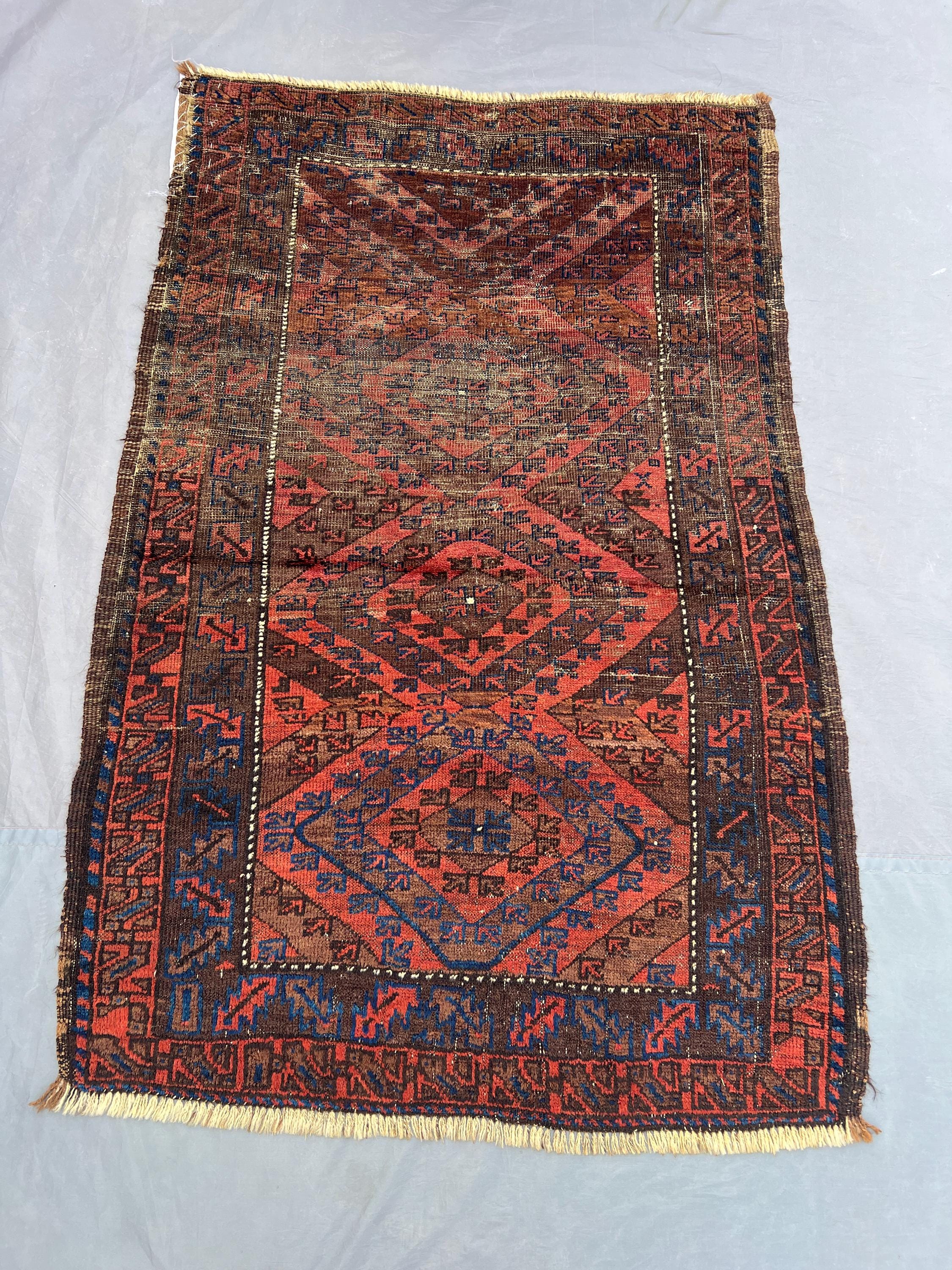 3 x 5 ft Afghan Baluchi Rug, Hand Knotted Wool rug Low Pile Distressed Tribal Design, Rare One of a Kind Vintage Rug | living room decor rug