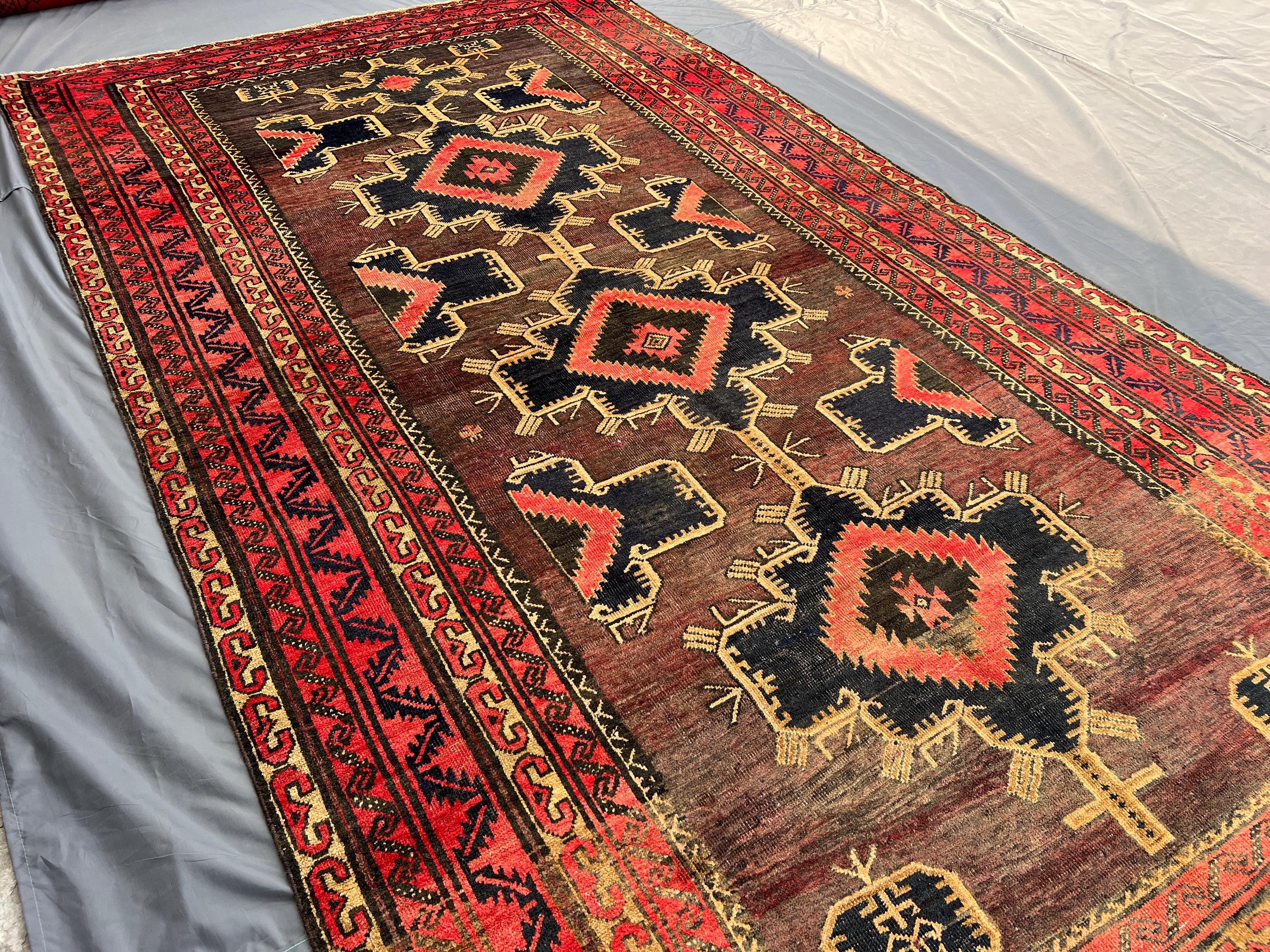 5'9x10'6 ft Vintage Afghan Rug – 1950s Hand Knotted Tribal Carpet, Brown Red Geometric Wool Area Rug, Nomadic 