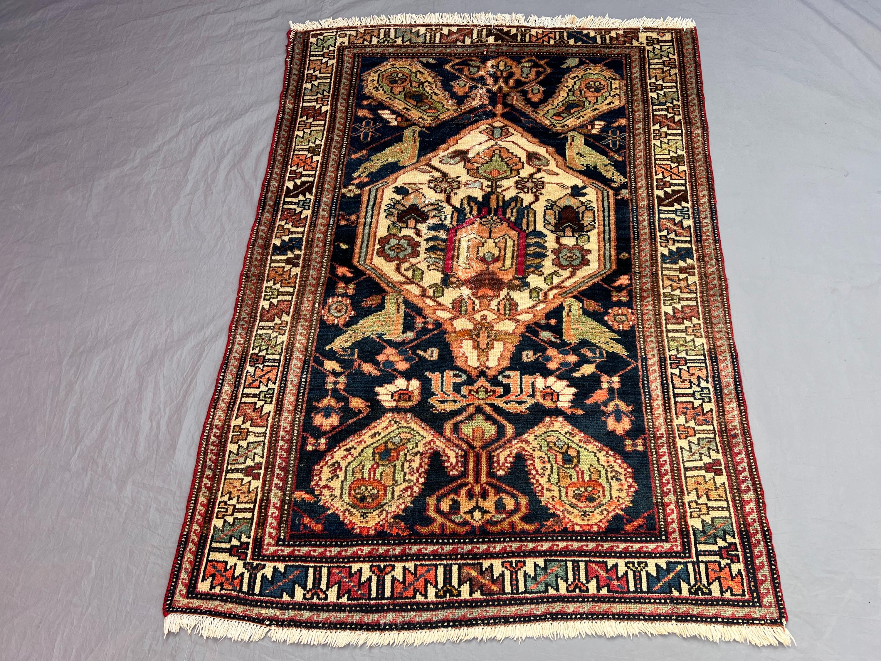 Vintage 3'5 x 4'10 ft Afghan Hand-Knotted Rug, Tribal Herati Design, Soft Pile, Geometric Area Rug for Living