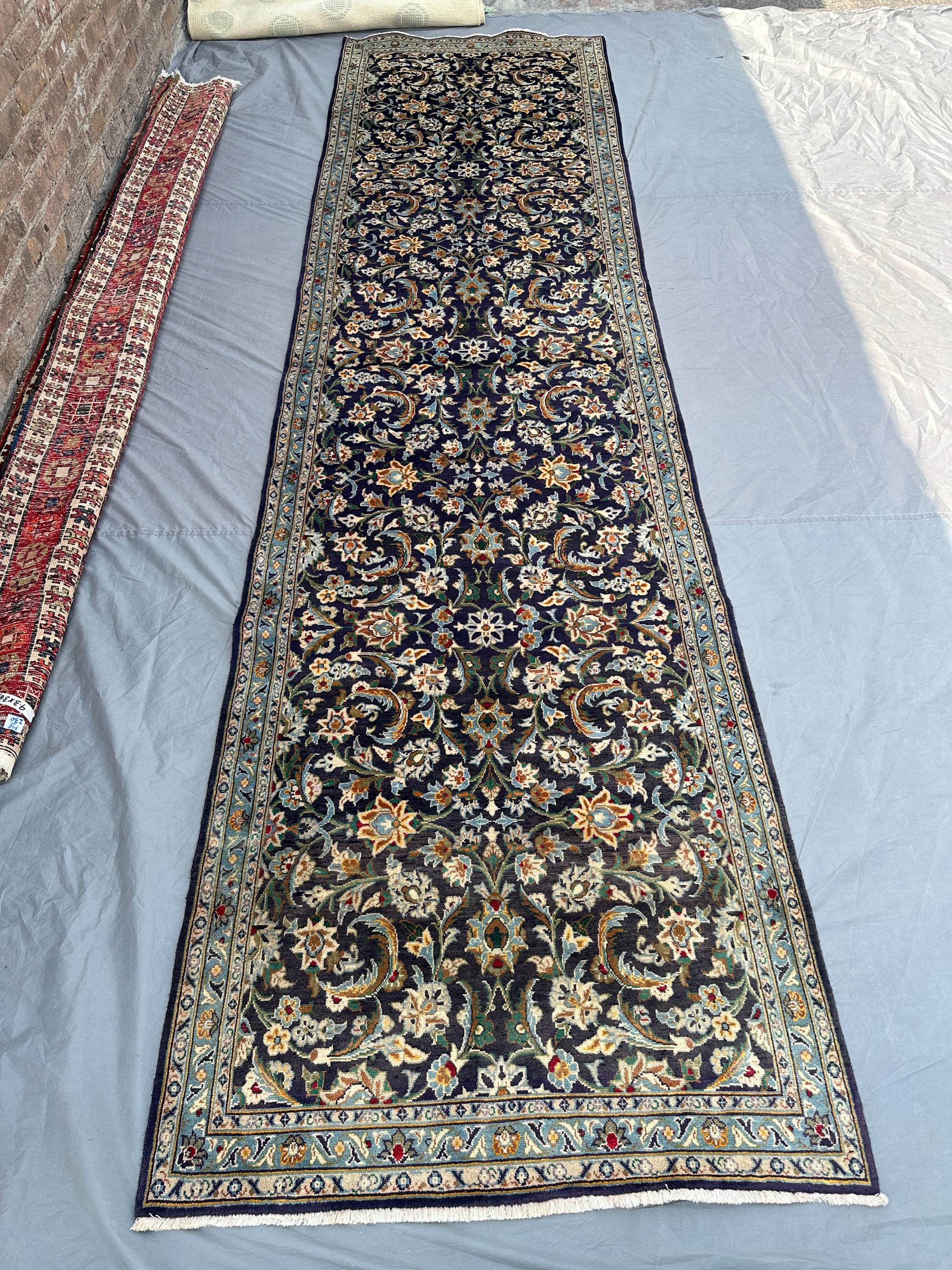 3'5x13'2 ft Vintage Caucasian Runner Rug | Tribal Wool Carpet | Wide Hand Knotted Hallway Rug | Navy Blue Floral Design | Afghan Decor Rug