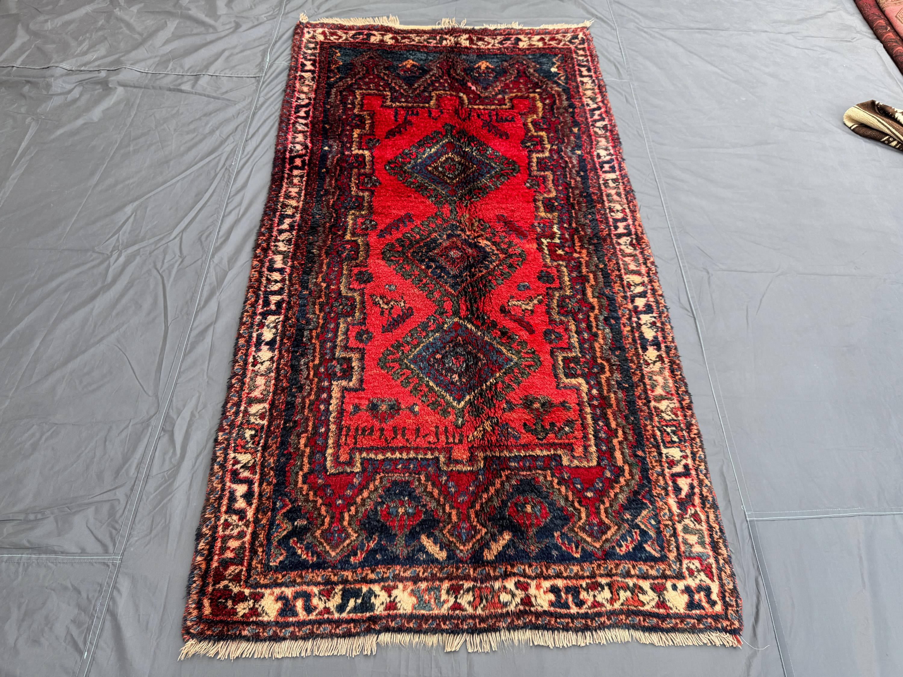 4' x 7'7 Vintage Turkish Hand-Knotted Rug, Caucasian Soft Wool Rug, Medallion Design, Red, Blue, Tribal Decor 