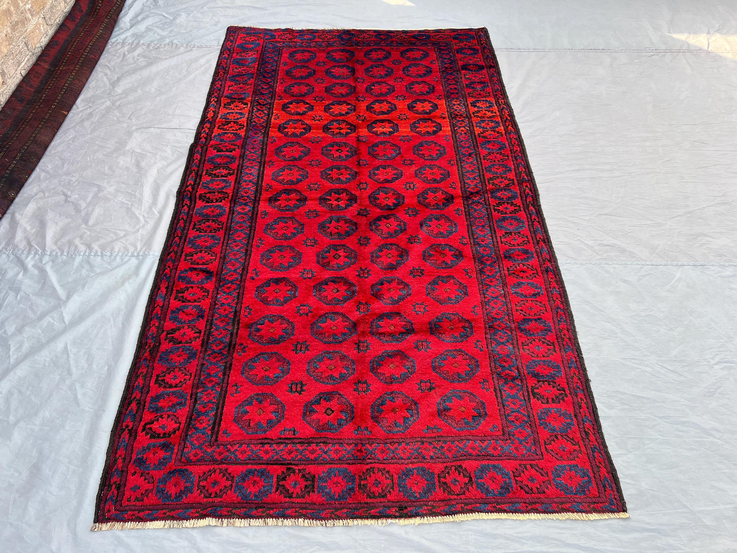 4'8 x 8'3 ft Antique Afghan Tribal Rug | Hand-Knotted Wool Baluchi Turkmen Pattern | Vintage Red Geometric Oriental Area Carpet, Bedroom Rug