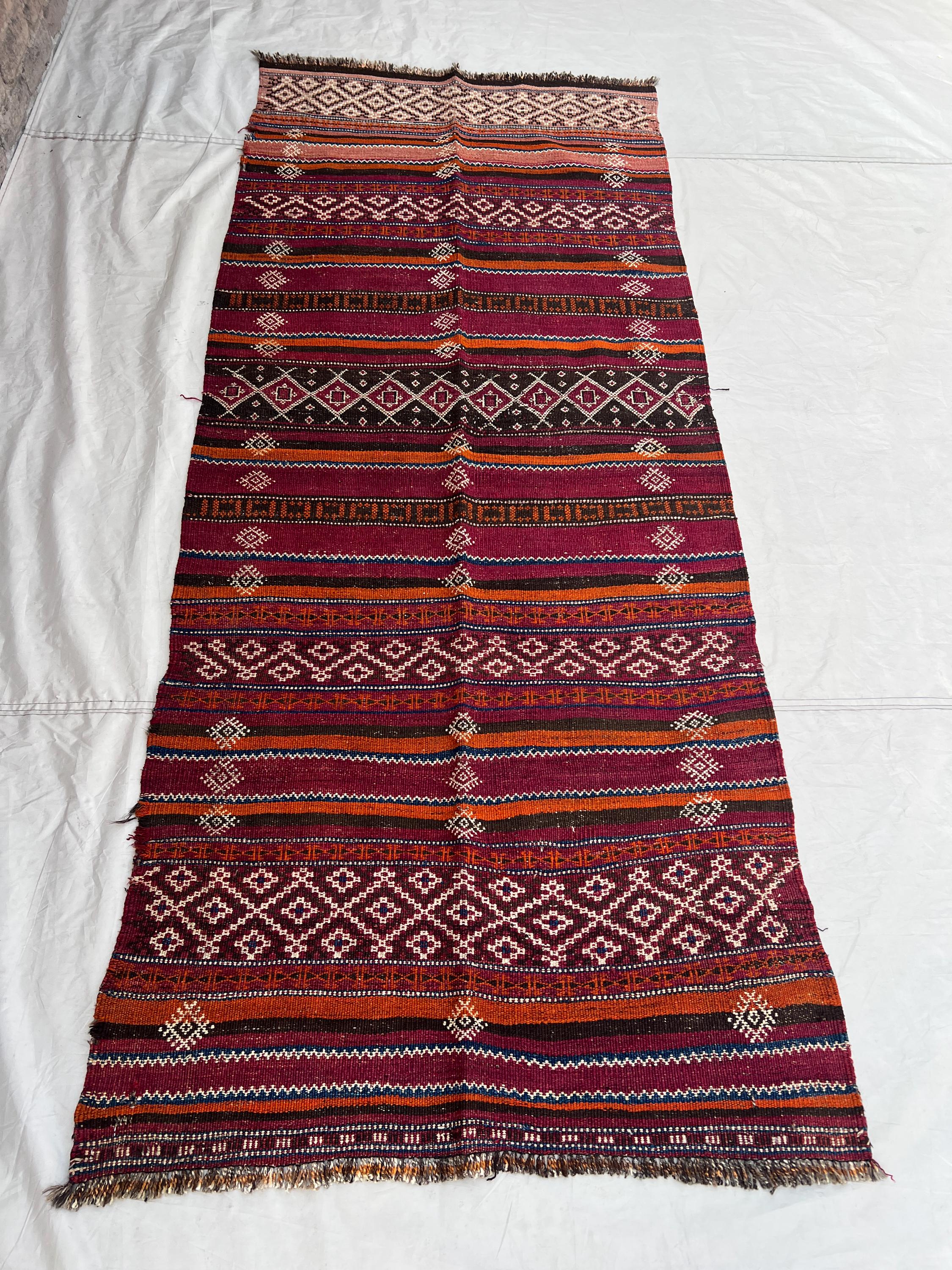 3'5x7'11 Vintage Afghan Flat Woven Wool Kilim Rich Magenta Purple Orange Stripe Geometric Diamond Tribal Boho Hallway Bedroom Carpet