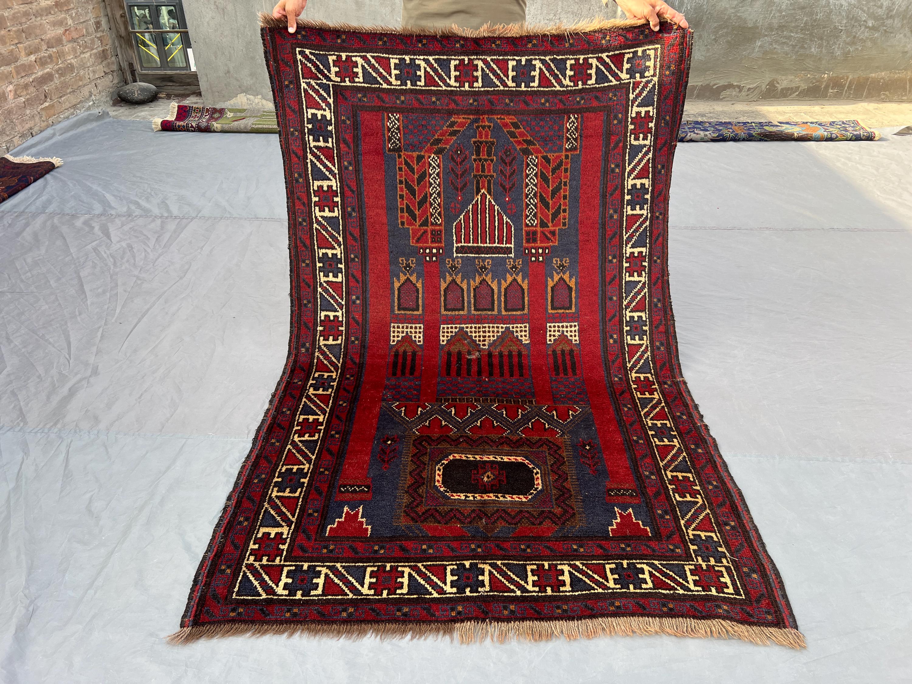 4 x 6'2 ft Red Vintage Afghan Hand-Knotted Baluchi Rug, Fine Tribal Wool Carpet, Soft Pile Oriental Geometric 