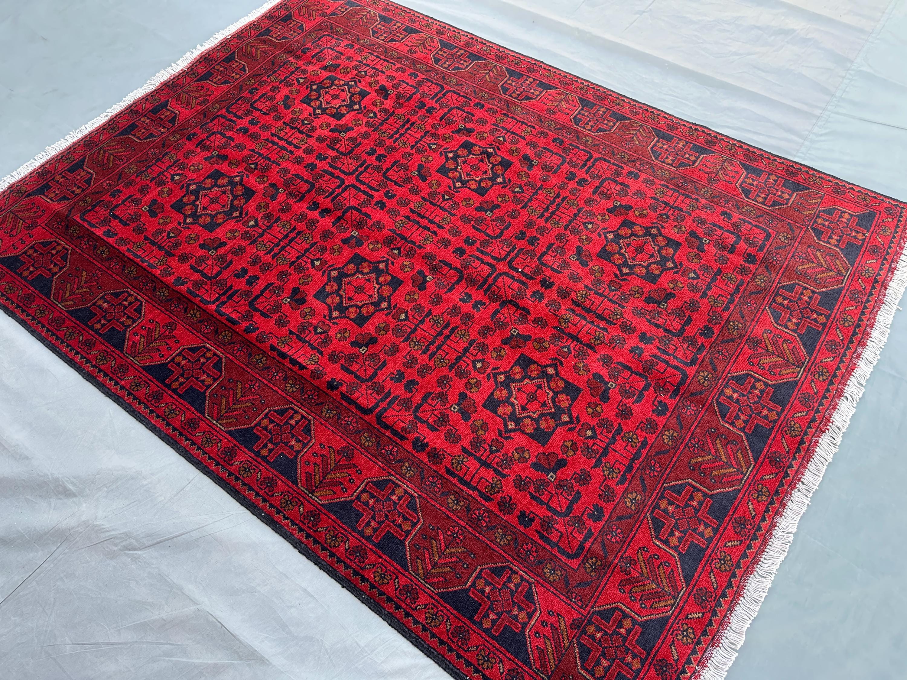 Afghan Turkoman Tribal Rug 4'10x6'7 ft Handmade Bukhara Red Carpet | Khal Mohammadi Geometric Wool Rug | Tradi