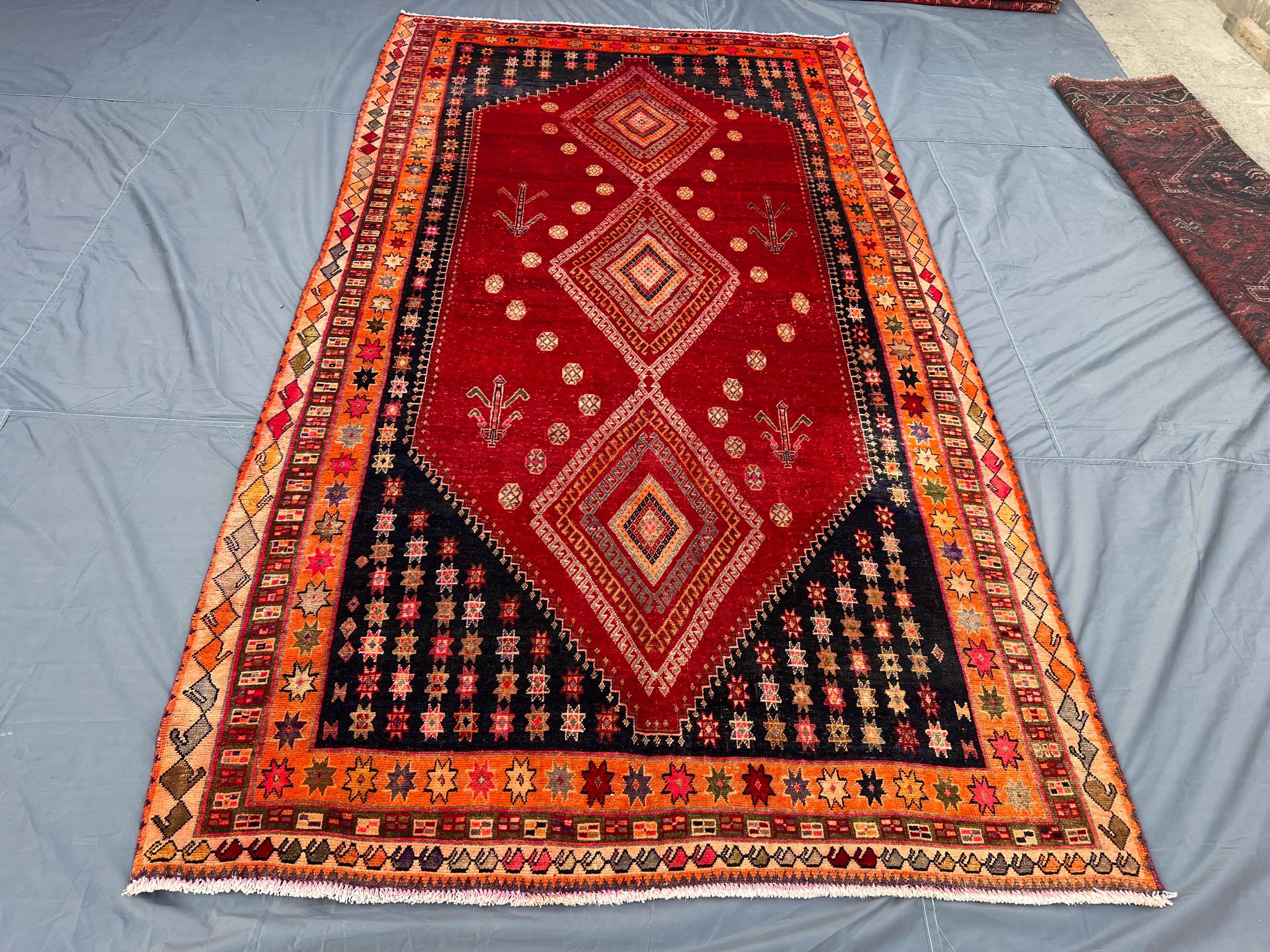 5'4 x 10'2 ft Antique 1940s Turkish Inspired Caucasian Area Rug Red Black Orange Wool Tribal Center Medallion Living Room