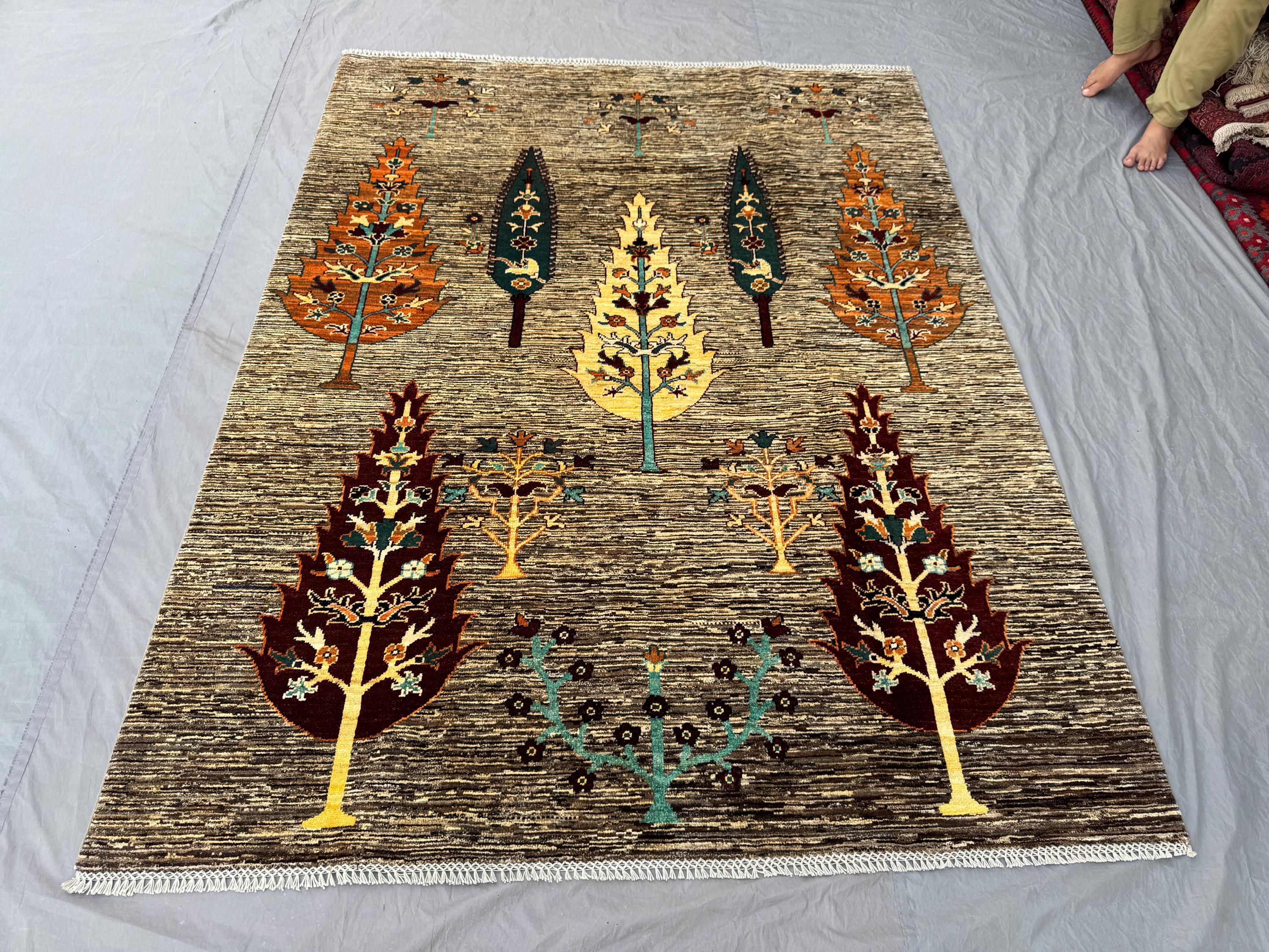 Modern Afghan Hand-Knotted Rug 6 x 8 ft Soft Pile One of a Kind Oushak Design Large Area Rug Authentic Handmade Carpet Floral Tree Motif