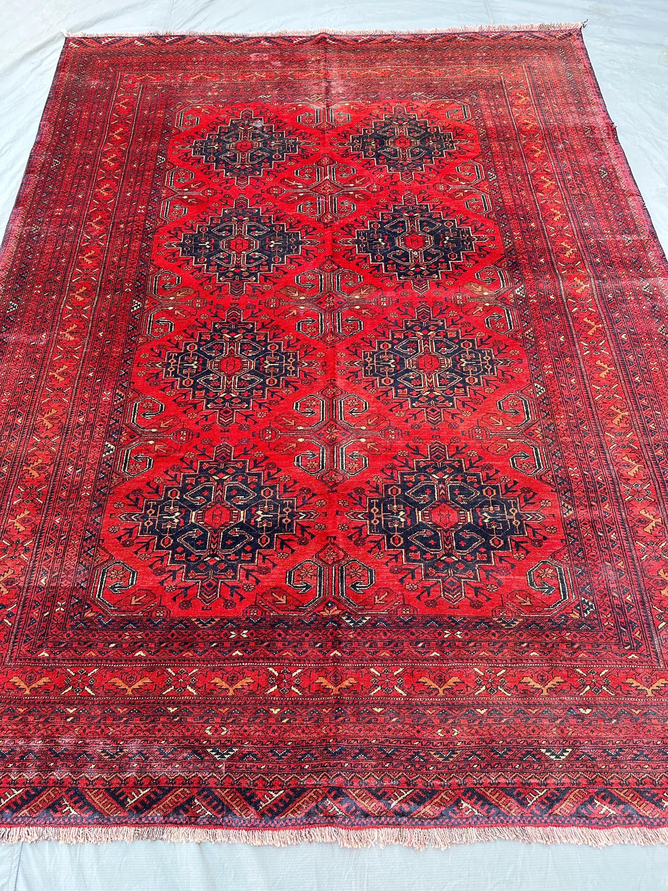7x9 Red Afghan Wool Rug, Hand Knotted Large Gul Carpet, Ersari Tribal Area Rug Living Room Rug
