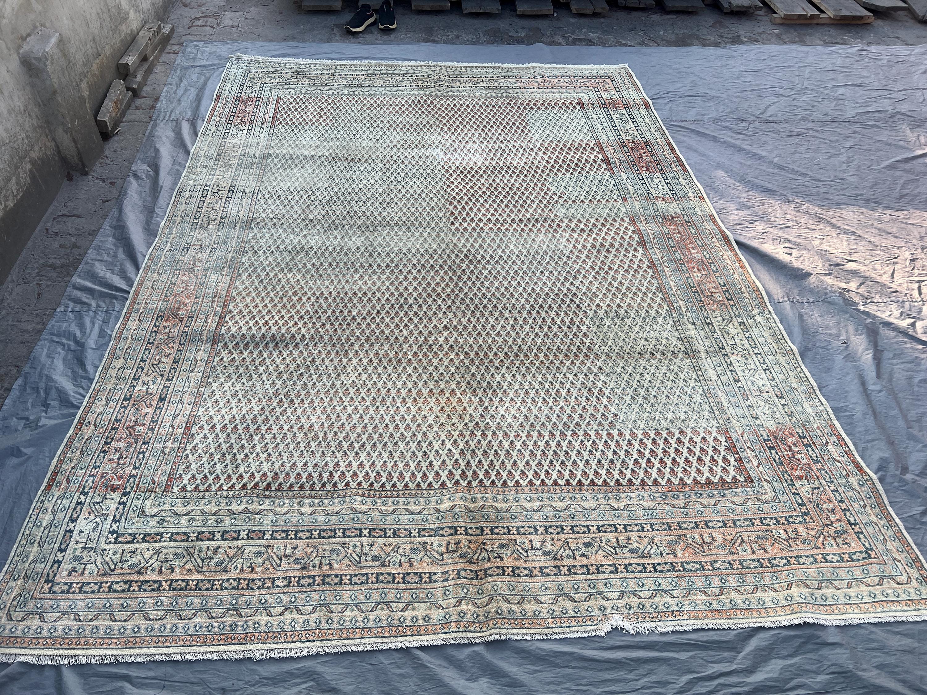 7'10x11'8 Vintage Afghan Wool Pile Rug Hand-Knotted All-Over Diamond Boteh Lattice Ivory Sage Green Terracotta Large Area Rug | Living Room