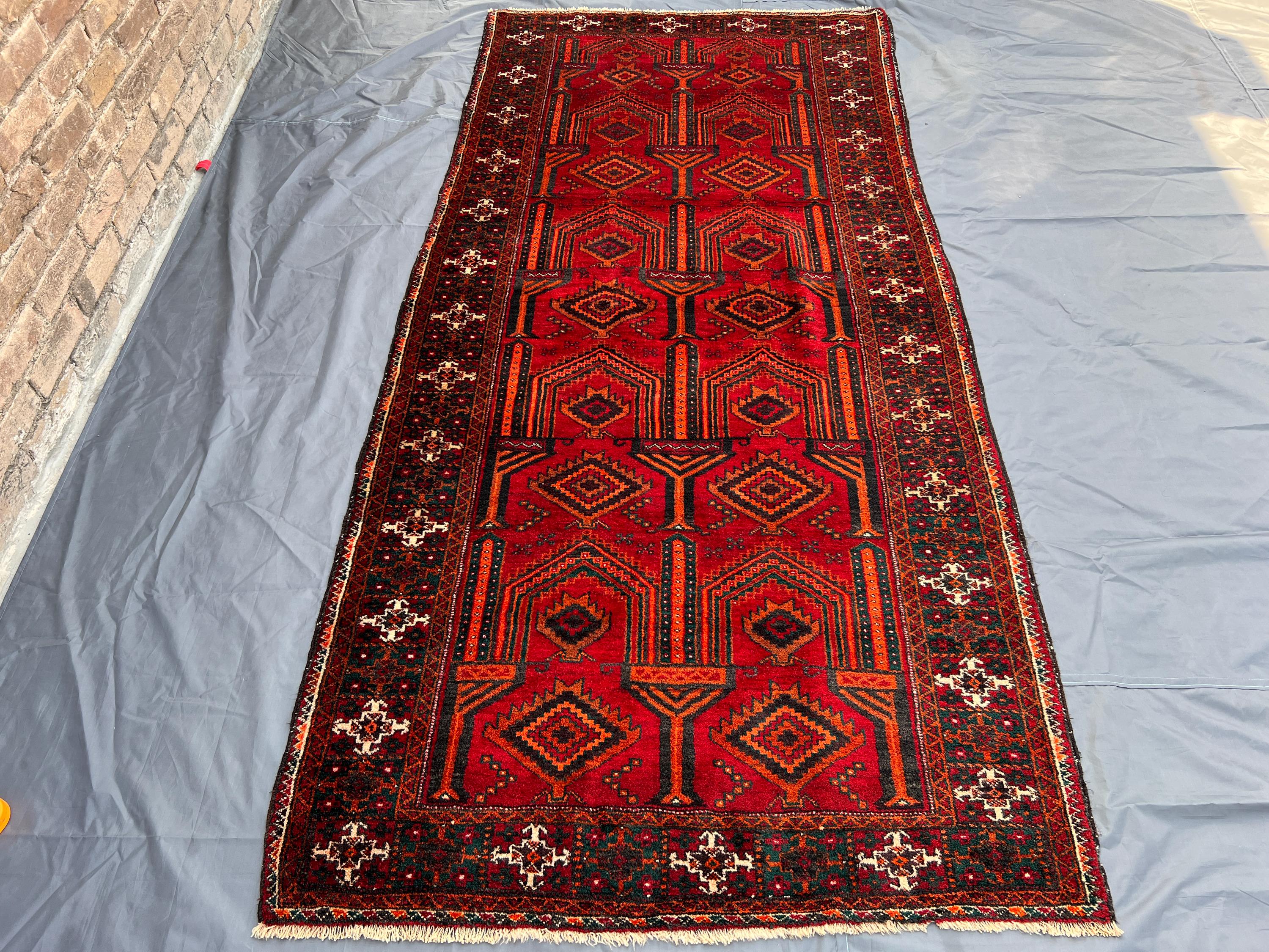 Vintage Afghan Rug 4.4x8.9 ft | Hand Knotted Wool Tribal Runner | Red Geometric Pattern Carpet | Oriental Hall
