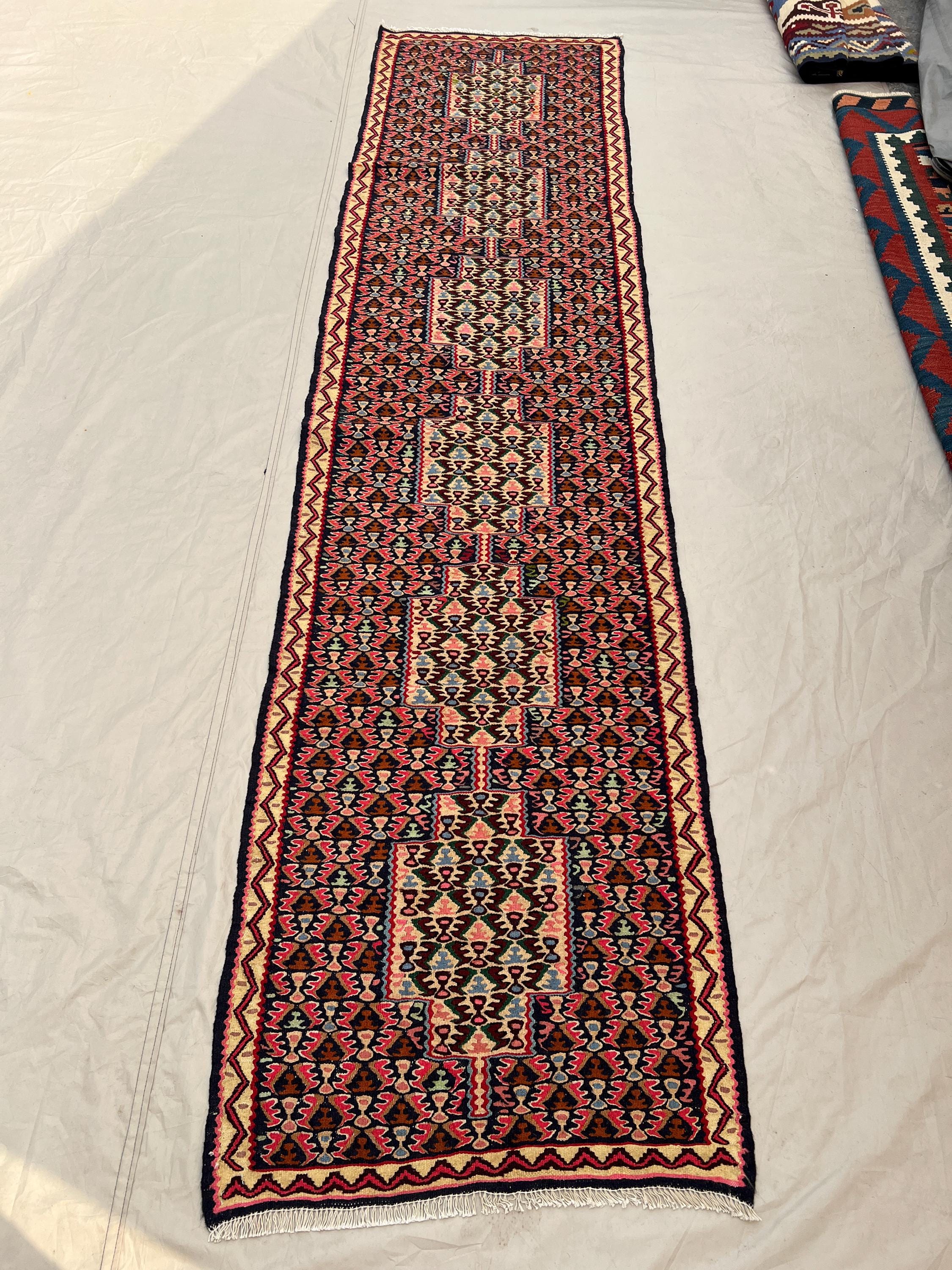 2'4x9'7 Vintage Afghan Senneh Kilim Runner Flatweave | Dark Brown Pink All-Over Vase Boteh | Handwoven Wool Rug Hallway Kitchen Staircase