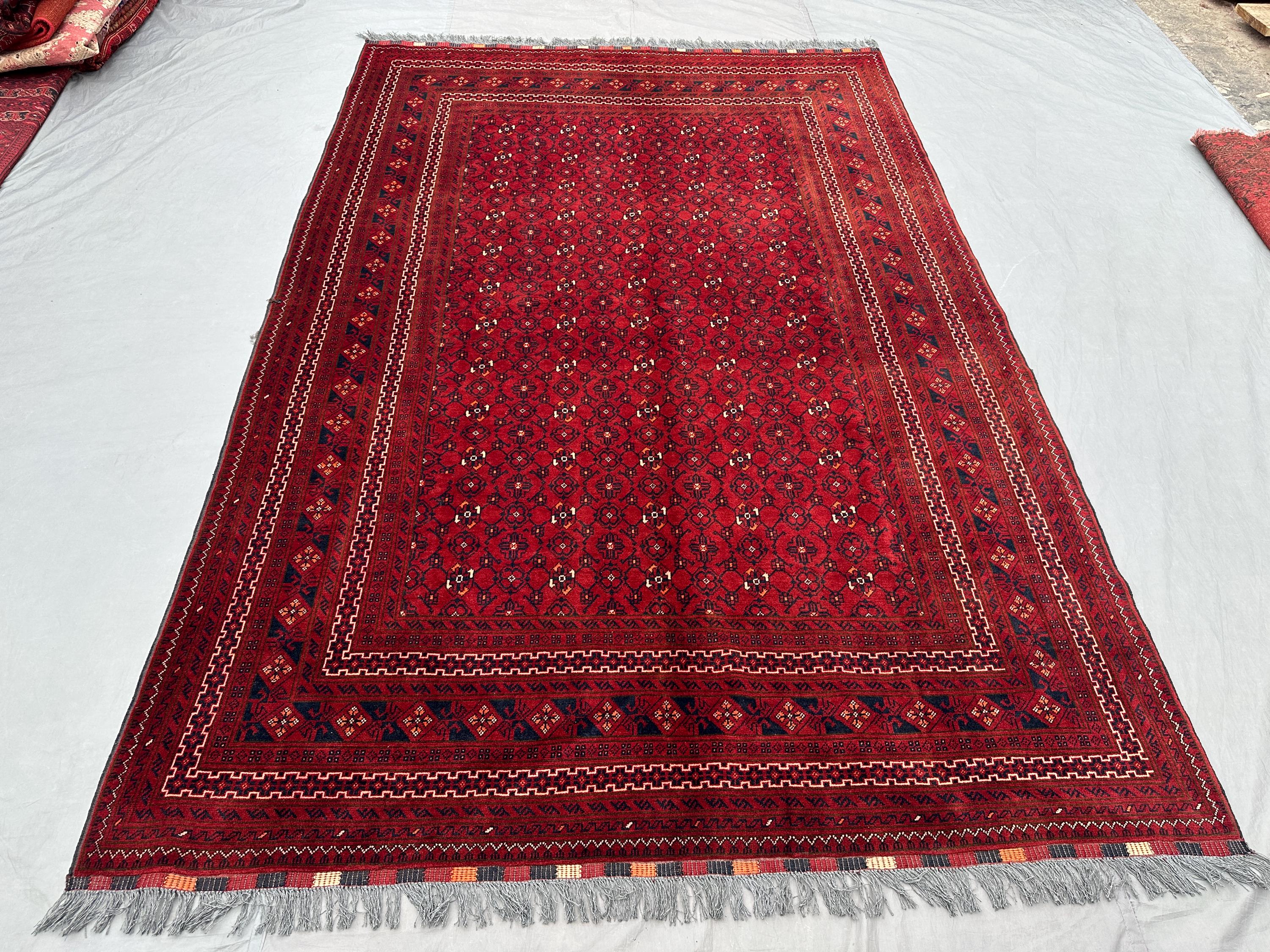 7 x 10 ft Vintage Hand Knotted Turkoman Ersari Rug, Red Geometric Pattern, Soft Pile, Authentic Oriental Tribal Wool rug | living room rug