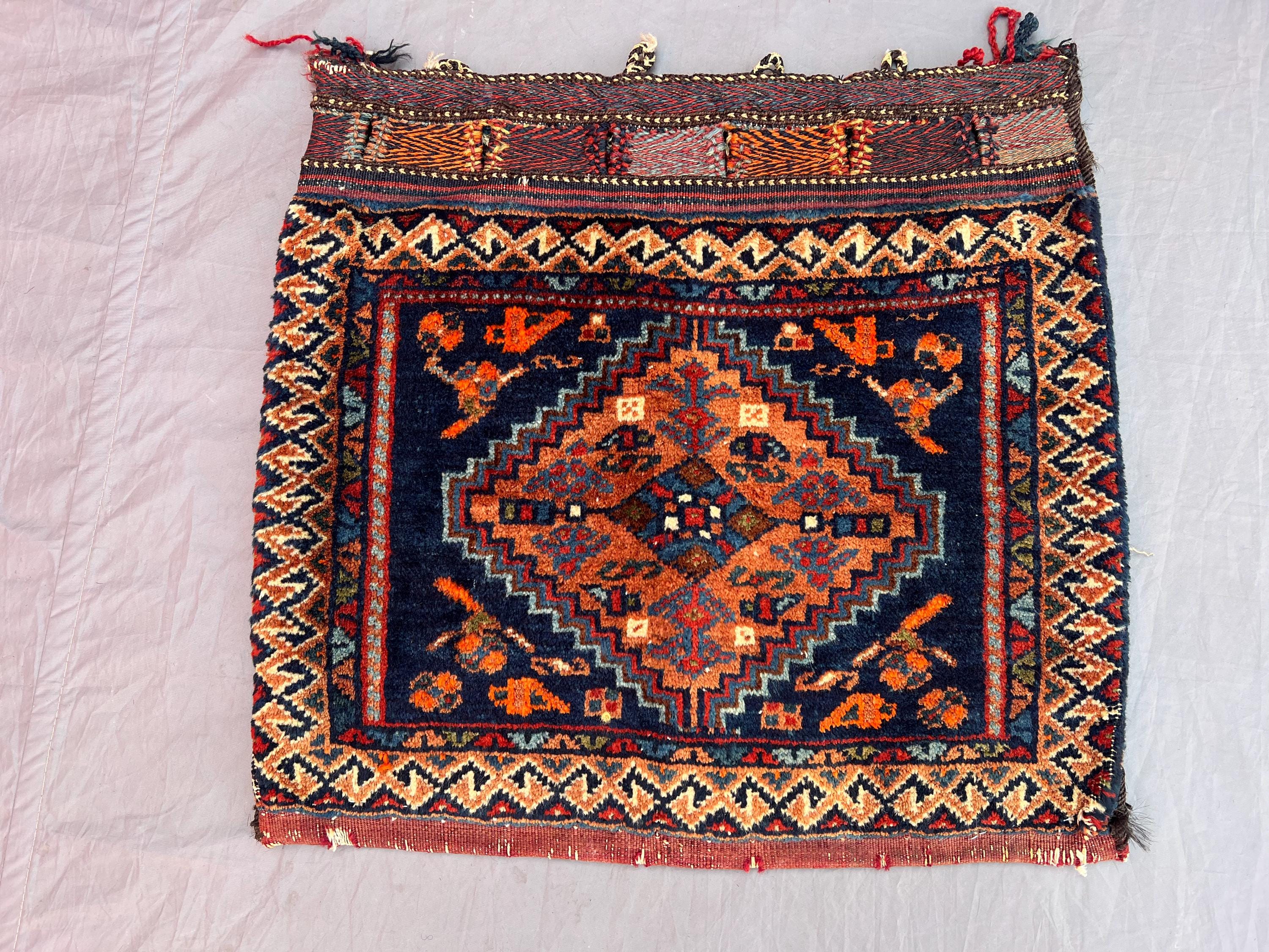 1'6x1'8 ft Vintage Afghan Baluchi Handwoven Kilim, Flatweave Tribal Geometric Design, Red & Blue, Small Area R