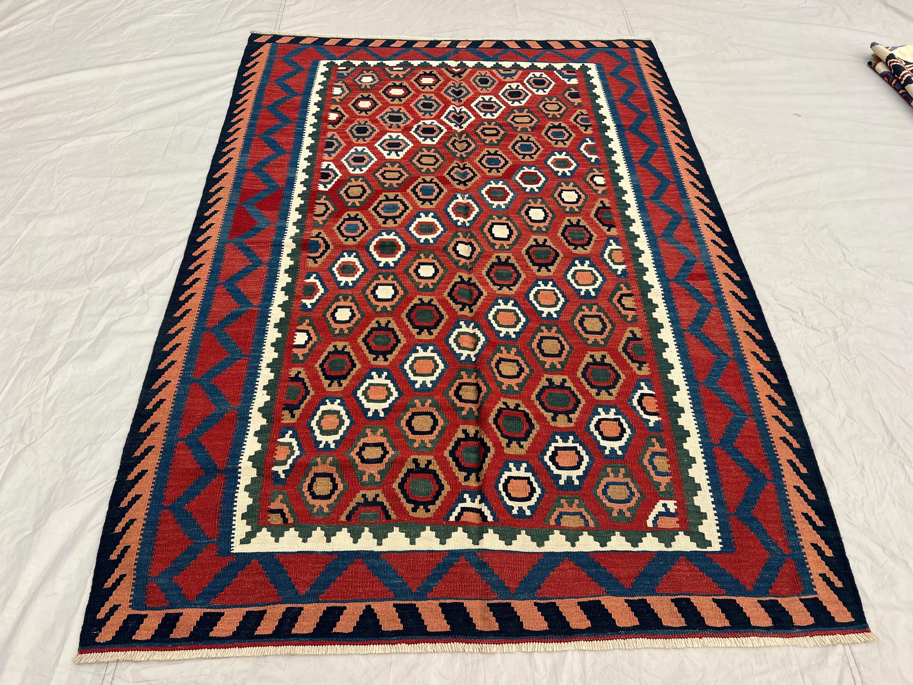 5'6x7'9 Vintage Afghan Baluchi Kilim Rug - Handwoven Flatweave, Bold Geometric Design - Red, Blue, & Earth Ton