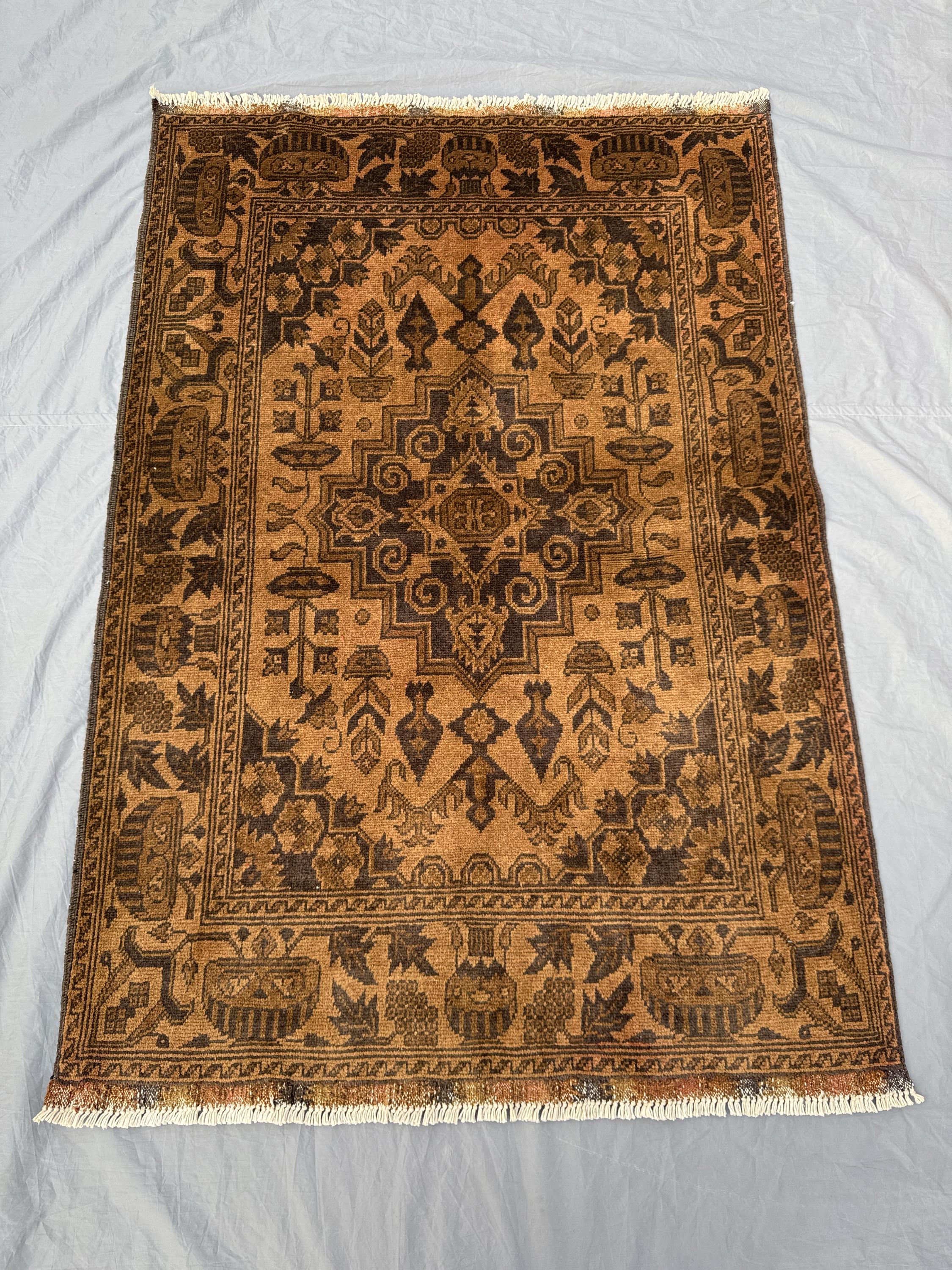 3 x 5 ft Afghan Hand Knotted Vintage Soft Pile One of a Kind Terracotta Color Faded Turkoman Ersari Design Small Area Rug | Living room rug