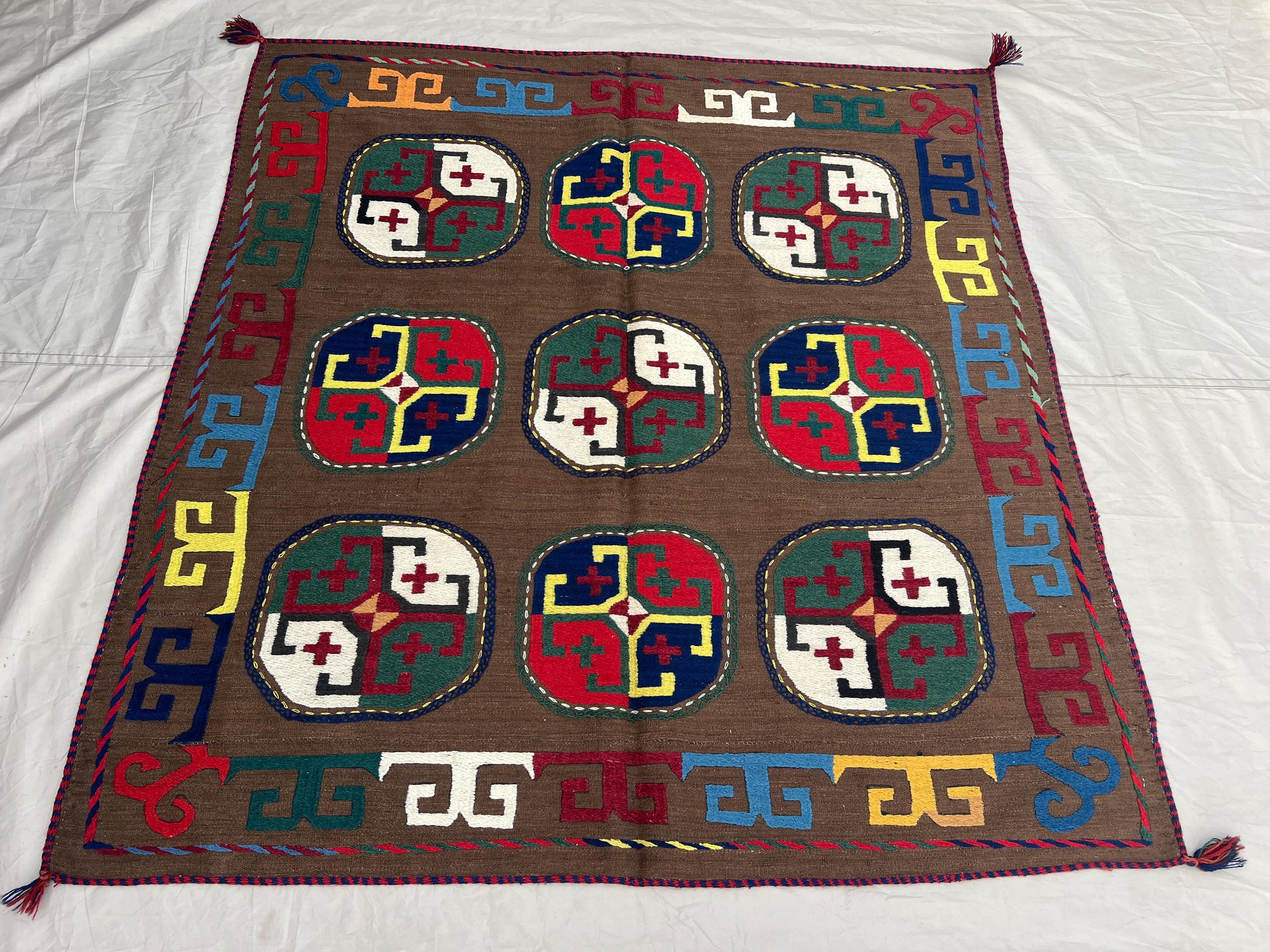 4'11x5'2 Ft Vintage Afghan Kilim Rug Brown Tribal Geometric Hook Medallion Flatweave Handwoven Wool Area Rug Living Room Bedroom Wall Decor
