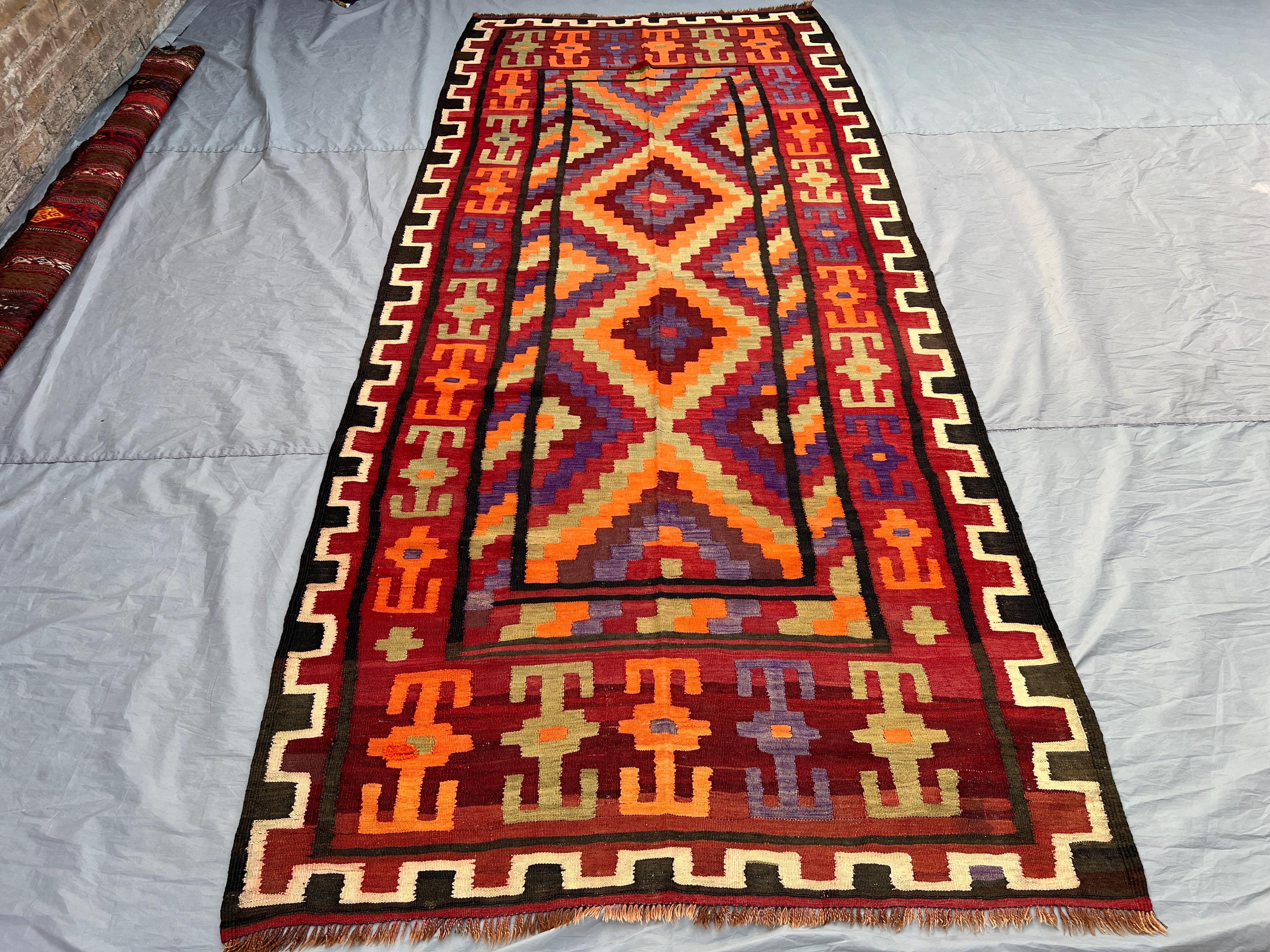 Vintage Afghan Kilim Runner Rug 5'2x11'9 ft | Handmade Tribal Flatweave Wool Rug | Bold Geometric Entryway Hal