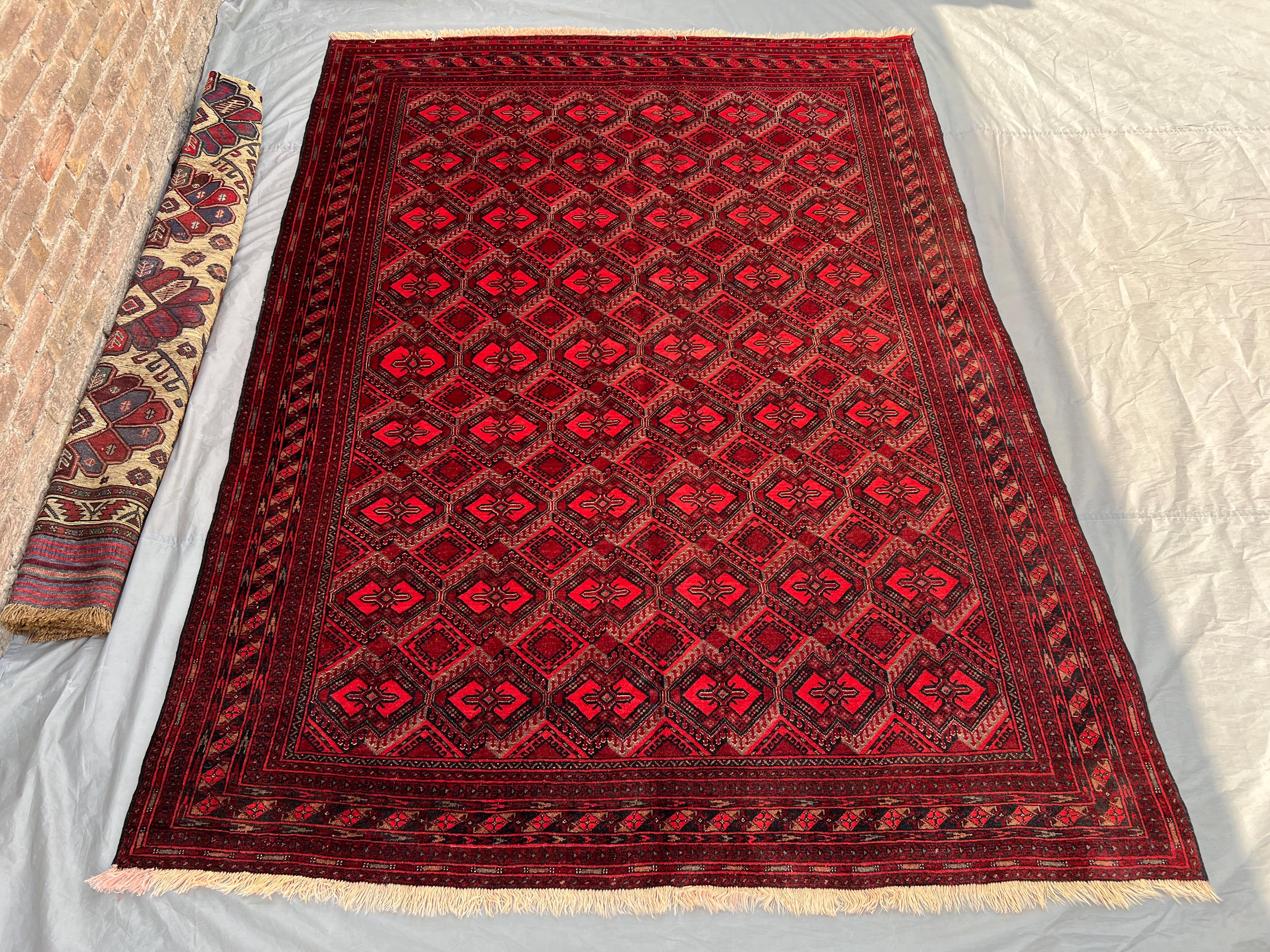 7x10 Antique Turkmen Ersari Rug | Hand Knotted Tribal Wool Carpet | Red Geometric Afghan Rug | Vintage Orienta