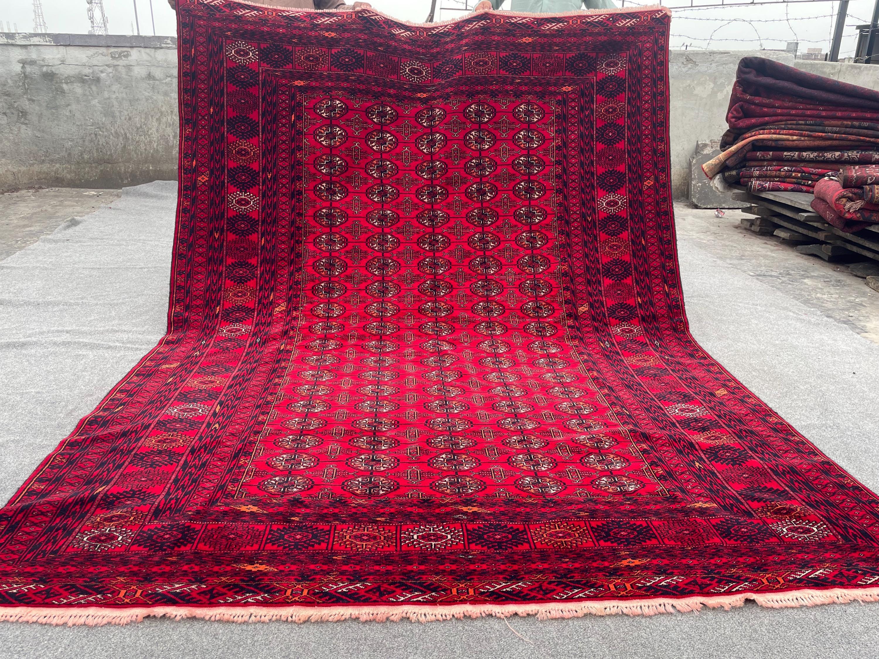 Handwoven Afghan Bokhara Rug, 7x9 Red Wool Carpet, Vintage Oriental Area Rug, Traditional Handmade Rug, Large