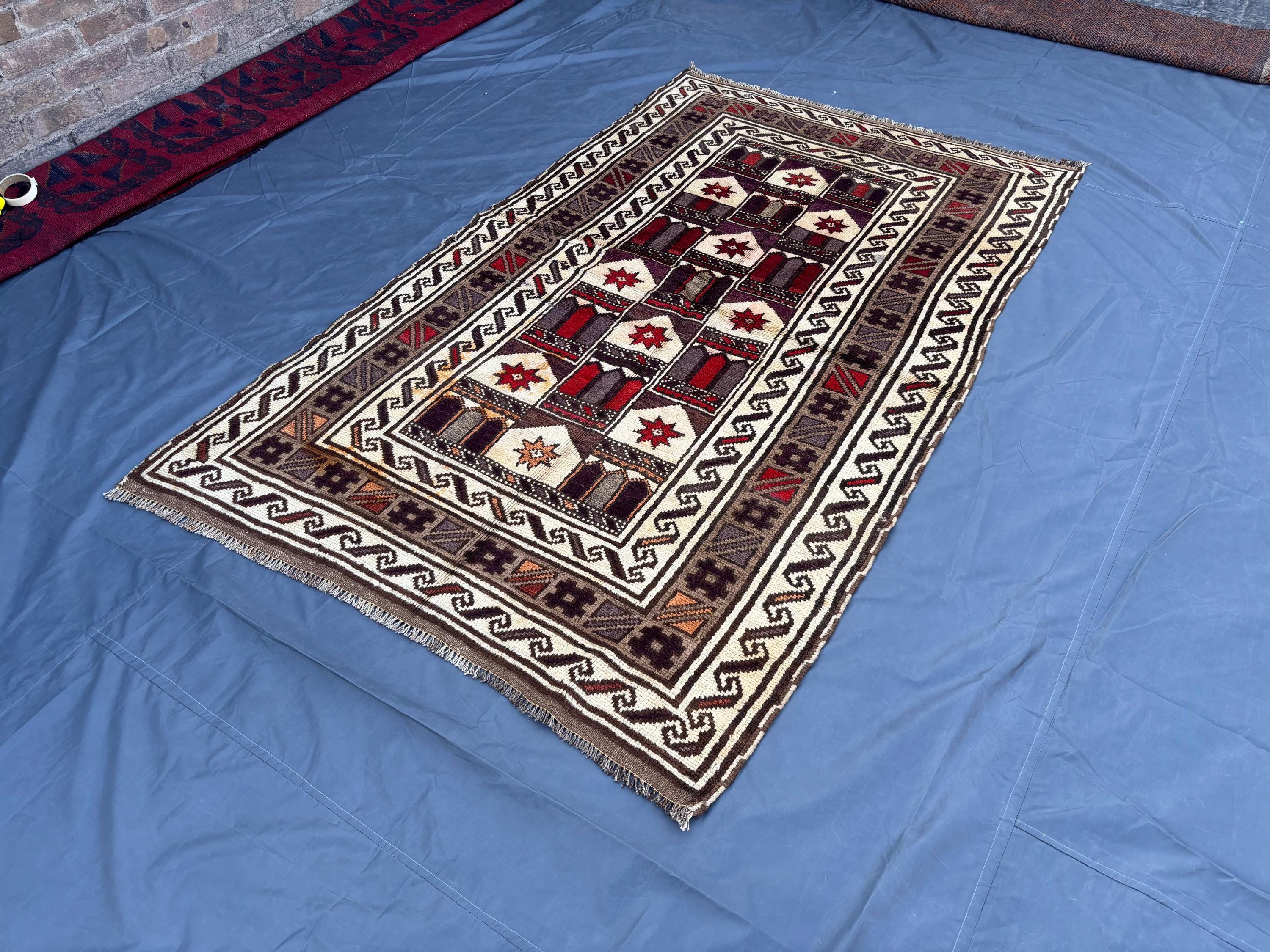 4'5" x 7'0" Vintage Afghan Rug | Hand-Knotted Baluchi Rug | Soft Wool Tribal Geometric Design | Rare Small Rug