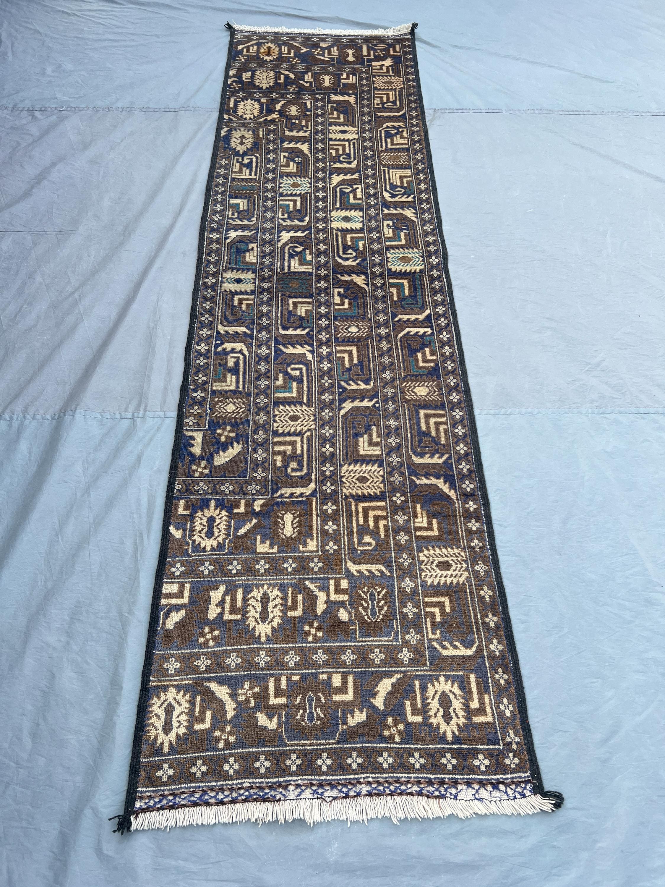 3x10 ft Vintage Afghan Hand-Knotted Runner | Rare Balochi Tribal Wool | Soft Pile Geometric Brown Blue Cream Hallway Decor bedroom decor rug