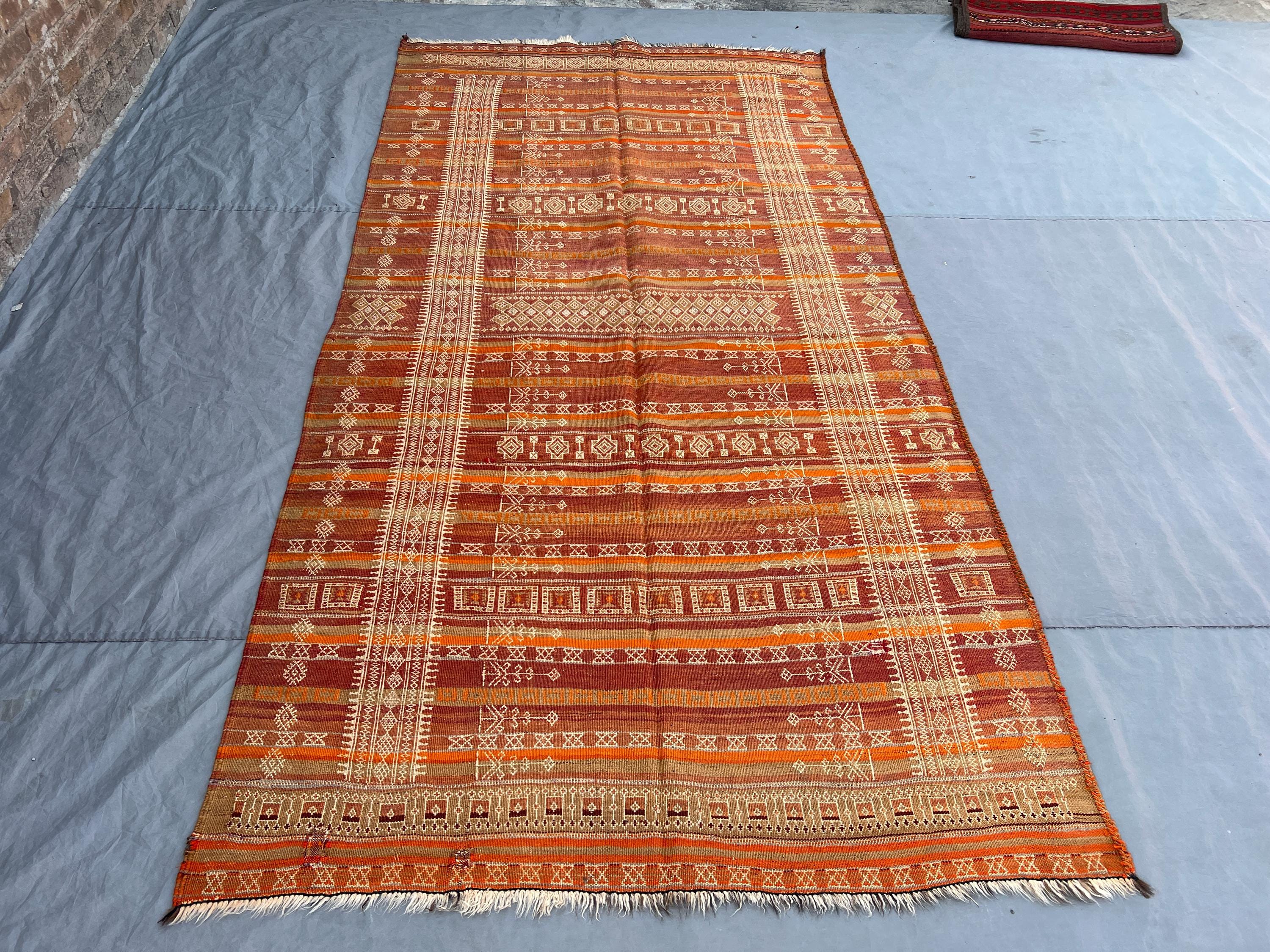 4'11x10'1 Ft Vintage Afghan Kilim Rug Burnt Orange Tribal Stripe Geometric Flatweave Handwoven Wool Area Rug Living Room Hallway Boho Decor