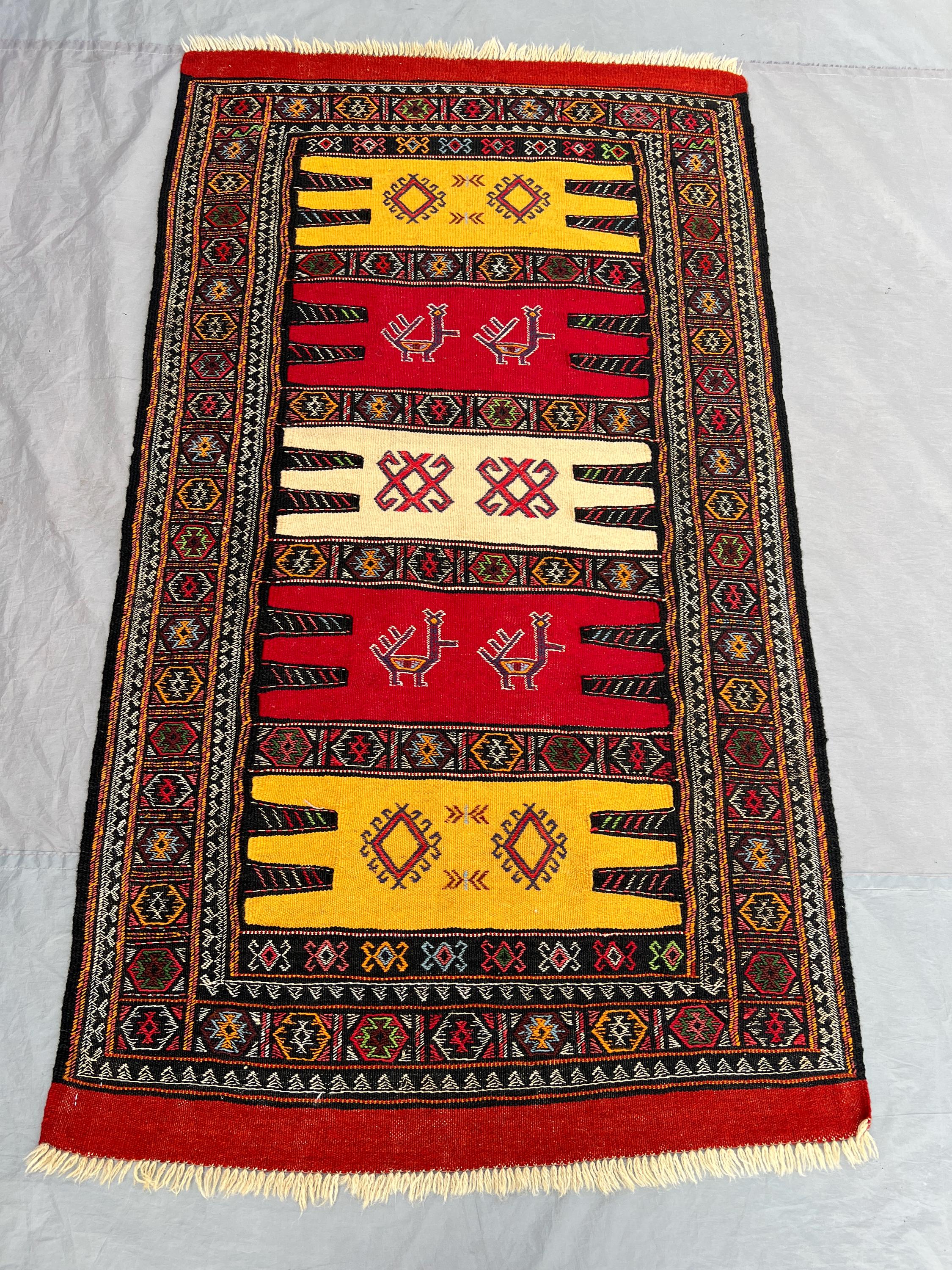3'3x5'10 Ft Vintage Afghan Baluchi Kilim Flatweave | Red Gold Ivory Banded Animal Bird Motif |Handwoven Wool Rug Living Room Bedroom Hallway