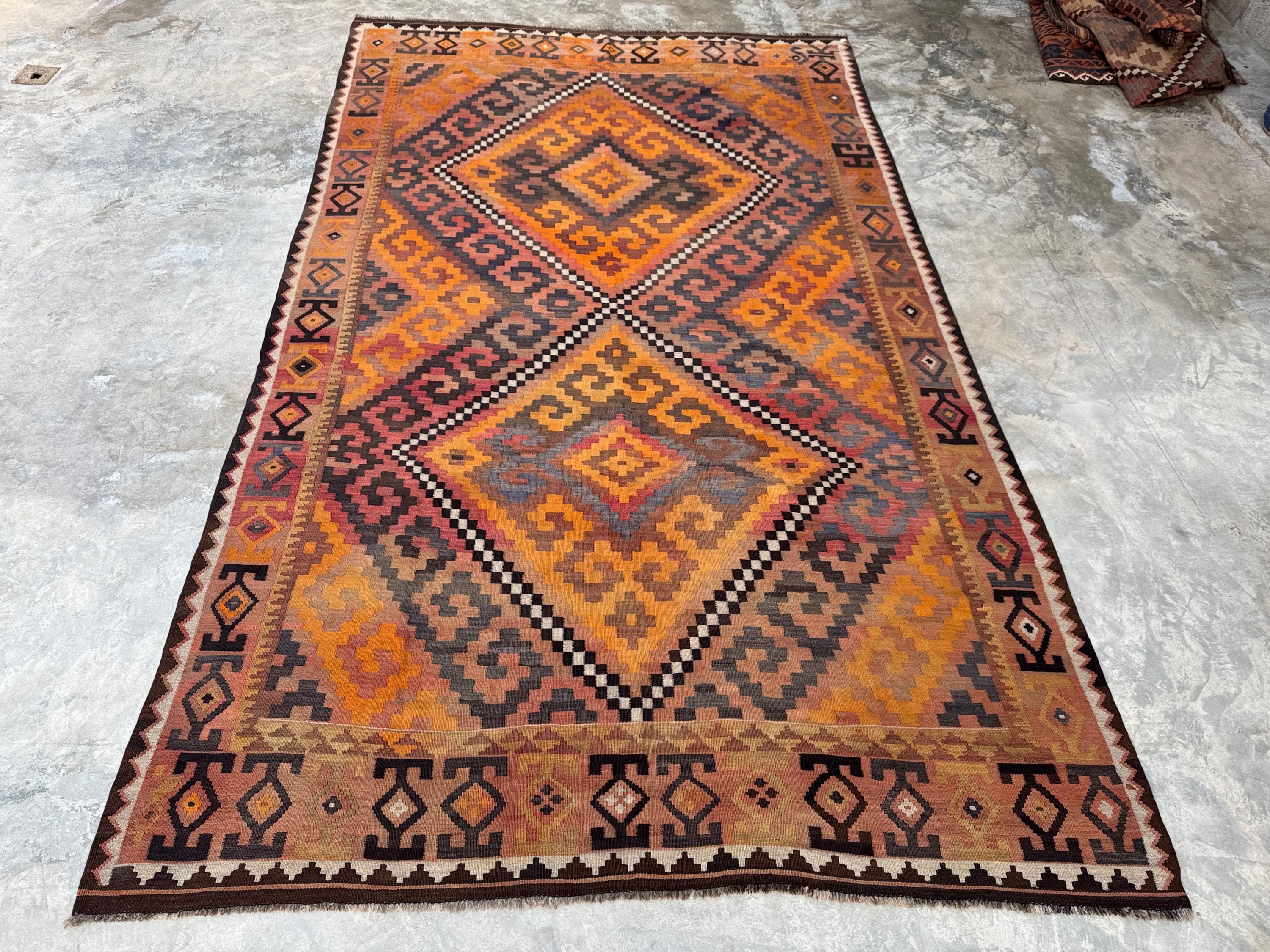8x14 Antique Handmade Kilim Rug, Handwoven Flatweave, Old Faded Terracotta, Olive, Beige, Brown, Pink, Tribal