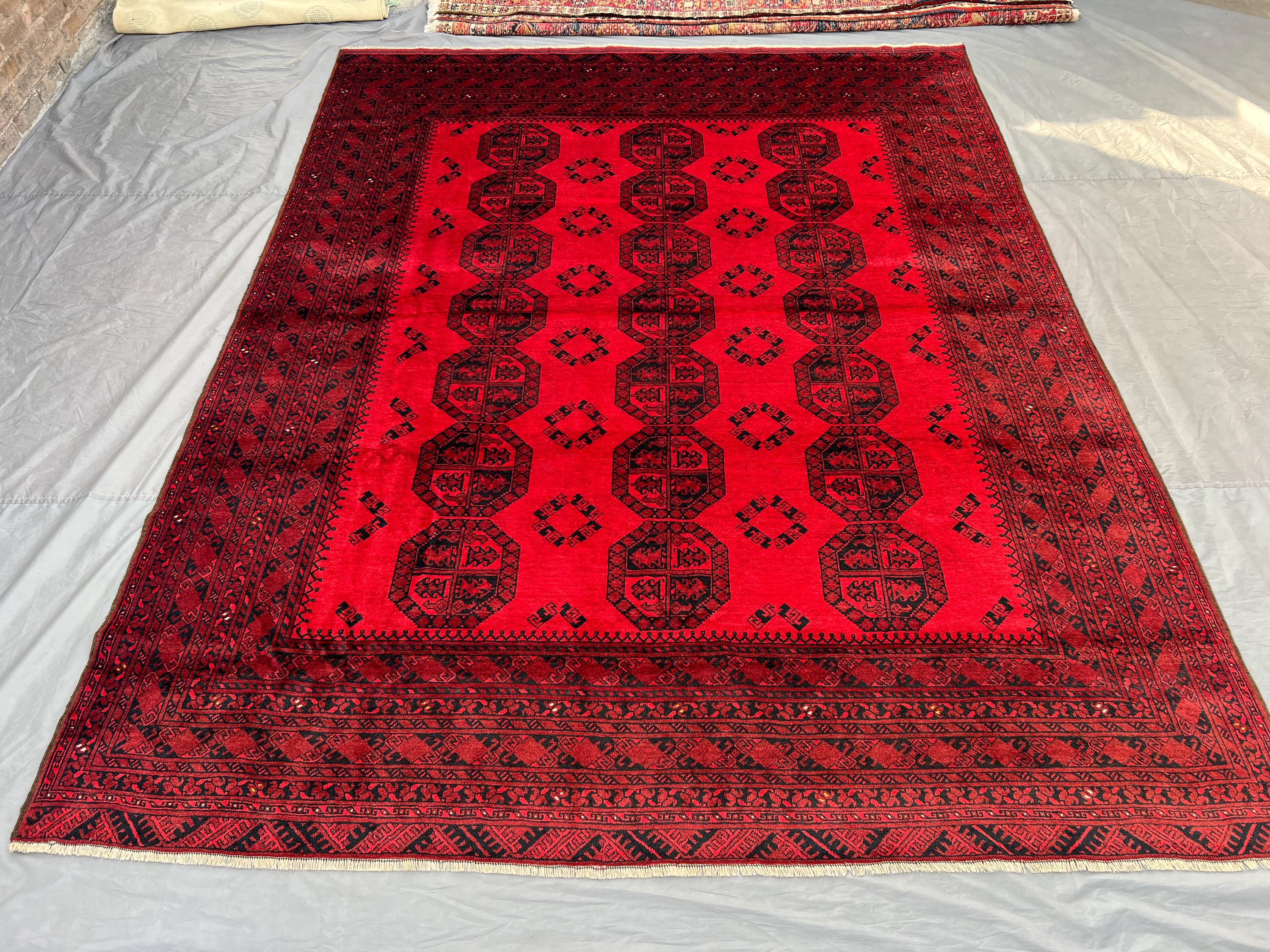 9x12 Elephant Foot Afghan Bukhara Rug | Hand-Knotted Red Wool Carpet | Turkmen Tribal Rug | Large Oriental Rug, Living Room Rug, Floor Decor