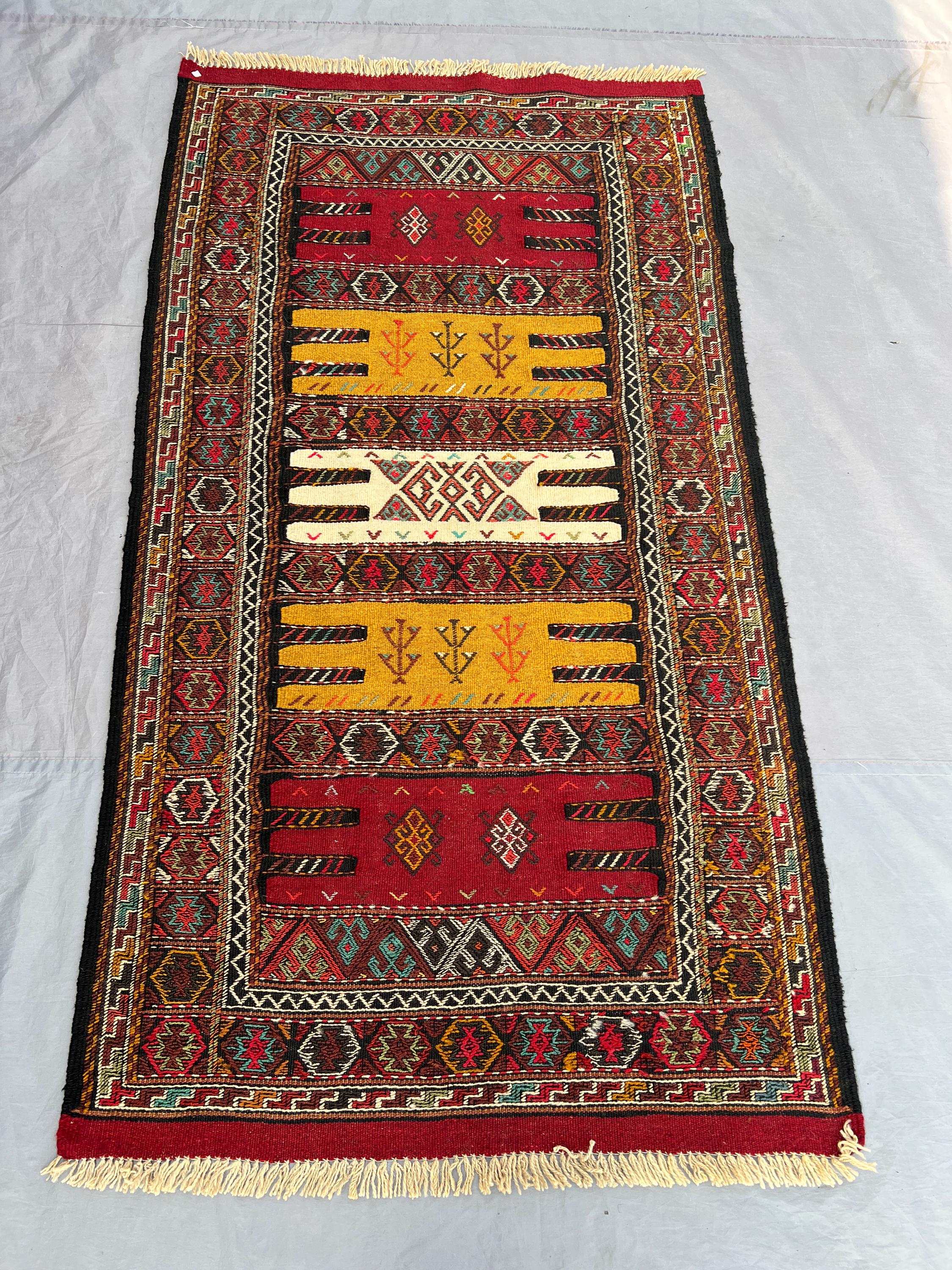 3'3x6 Ft Vintage Afghan Baluchi Kilim Flatweave | Red Gold Ivory Banded Tree Motif | Handwoven Wool Tribal Rug