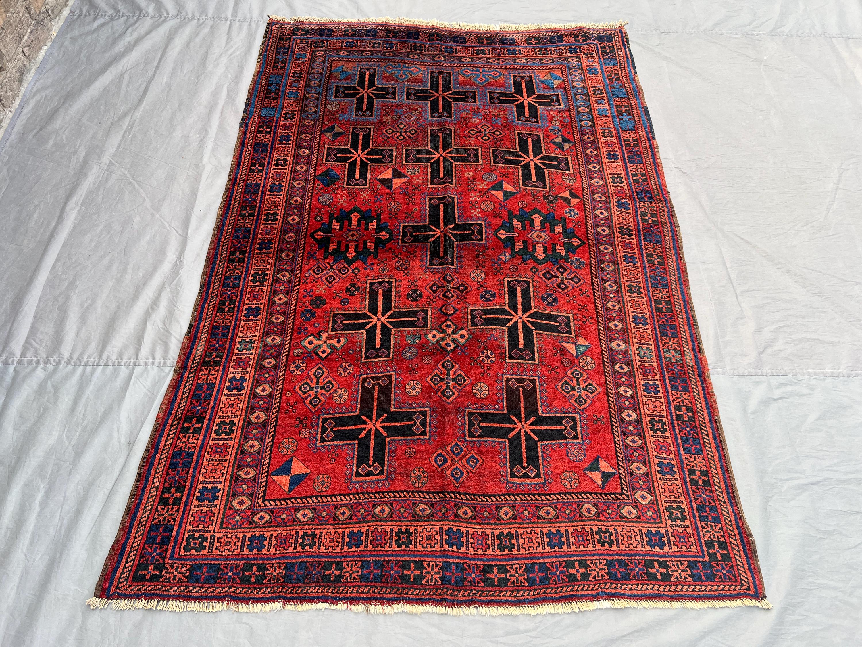Vintage Red Navy Black Afghan Baluchi Rug | 4x7 ft Hand Knotted Wool Tribal Geometric Carpet | Boho Entryway L