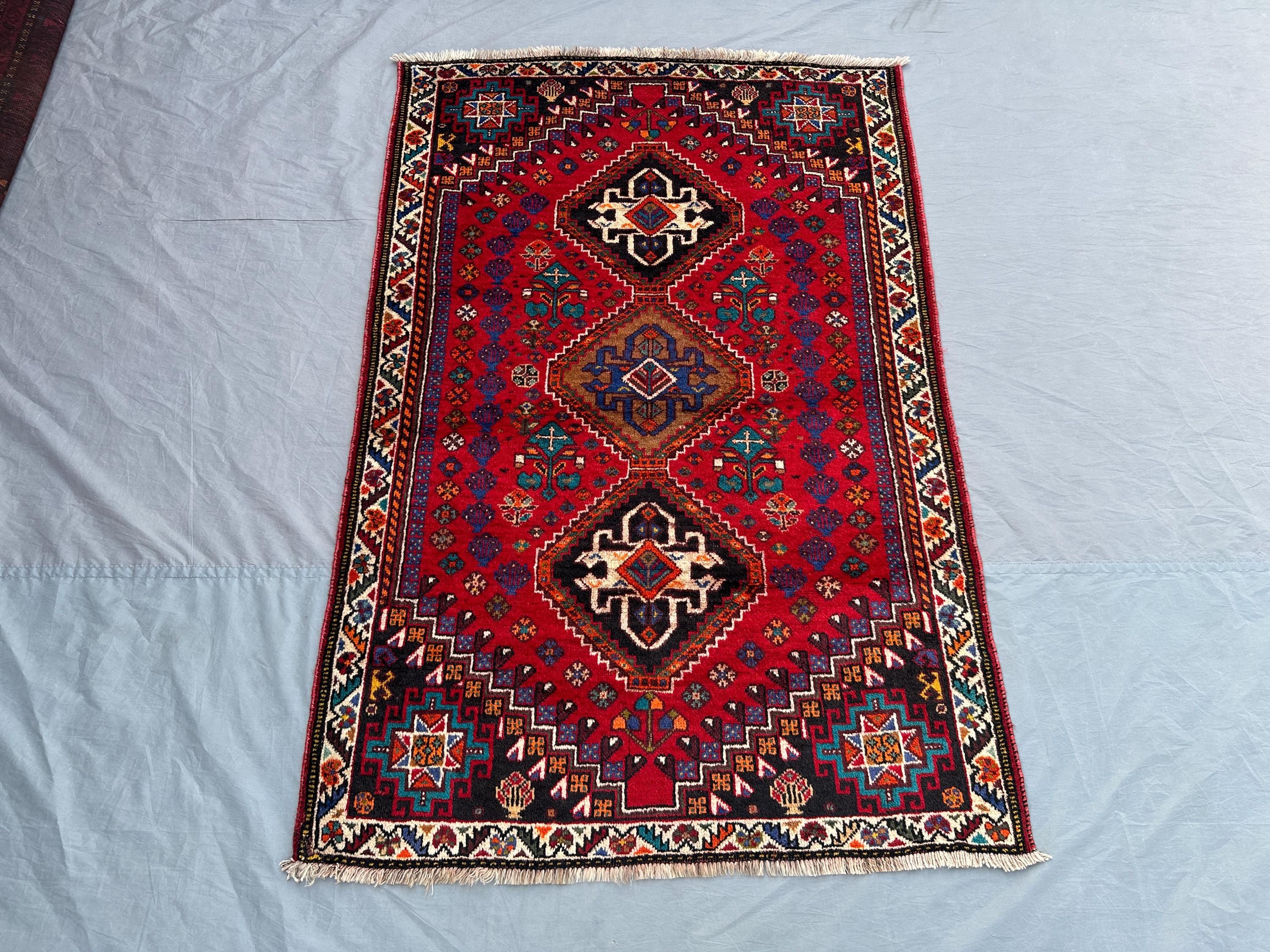3'6 x 4'5 Turkish-Inspired Tribal Rug | Hand-Knotted Wool Carpet | Caucasian Medallion Design | Bold Geometric Boho Decor Rug, Oriental Rug