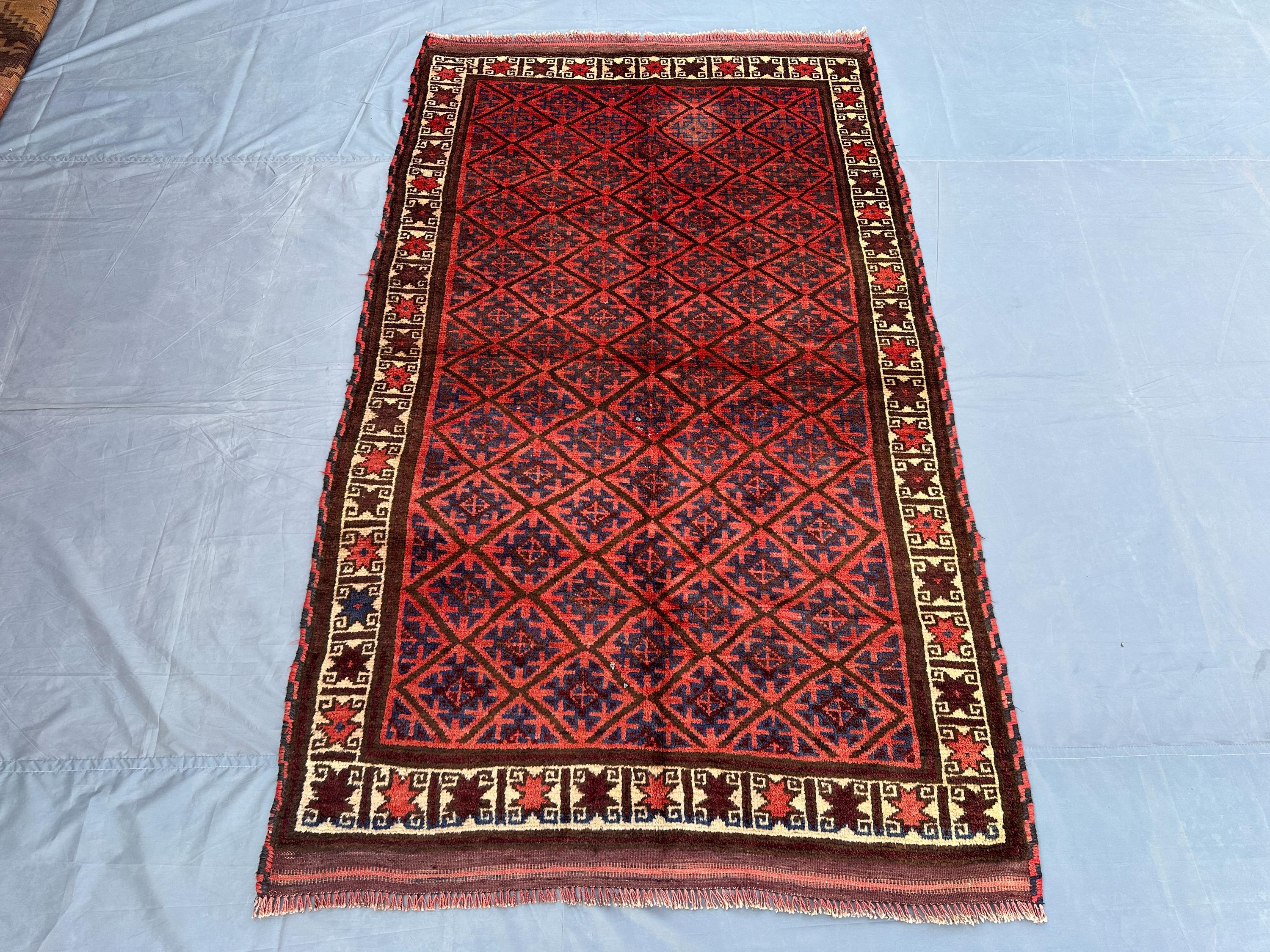 4x7 Vintage Afghan Baluchi Tribal Rug Taimani Fine-Quality Wool Handmade Geometric Design Rug, Turkish Rug, Moroccan Baho Rug, Outdoor