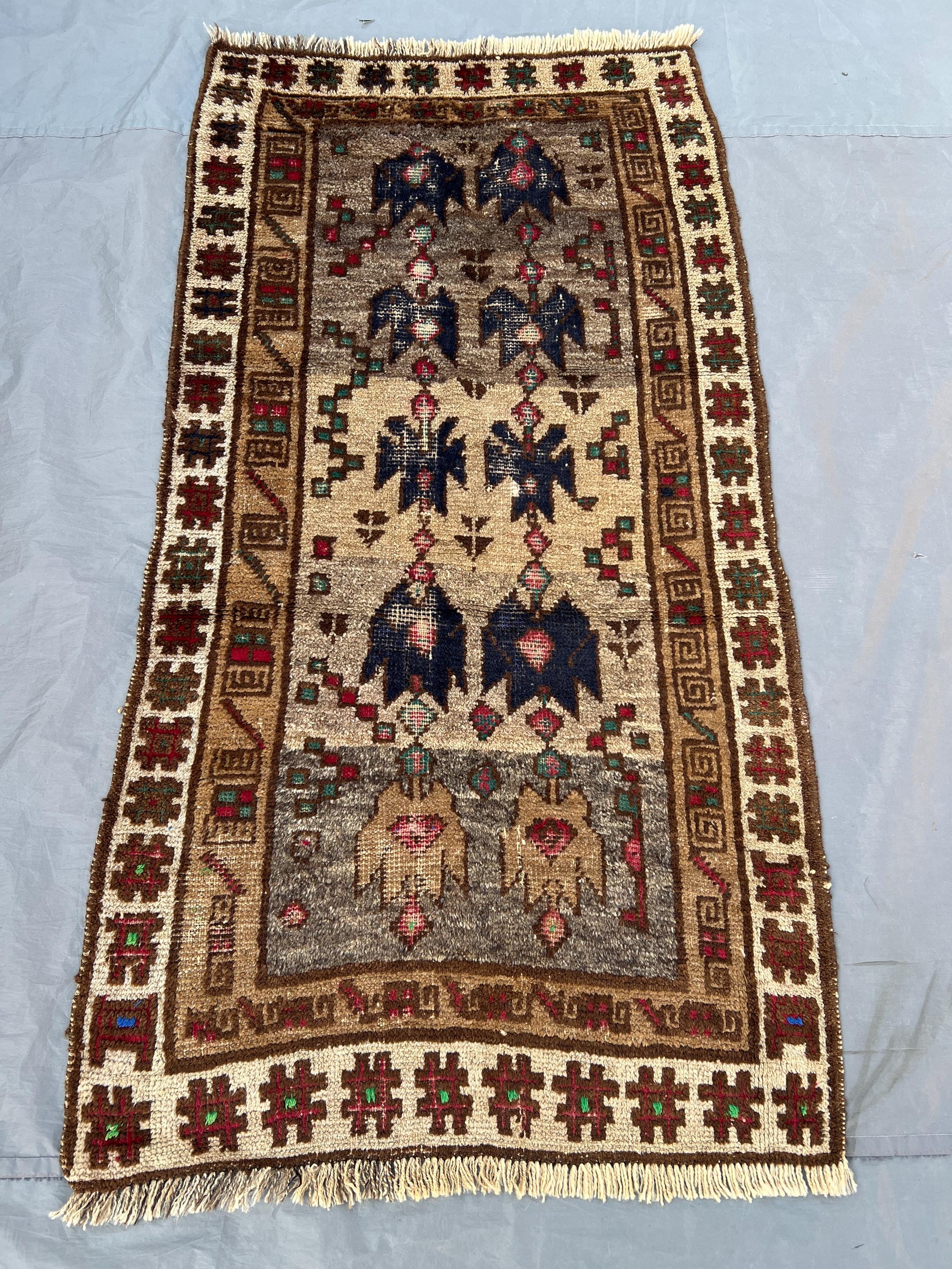 2'10x5'3 Vintage Afghan Hand Knotted Wool Rug | Ivory Grey Tribal Eagle Bird Motif Area Rug | Nomadic Pictorial Carpet | Home Decor