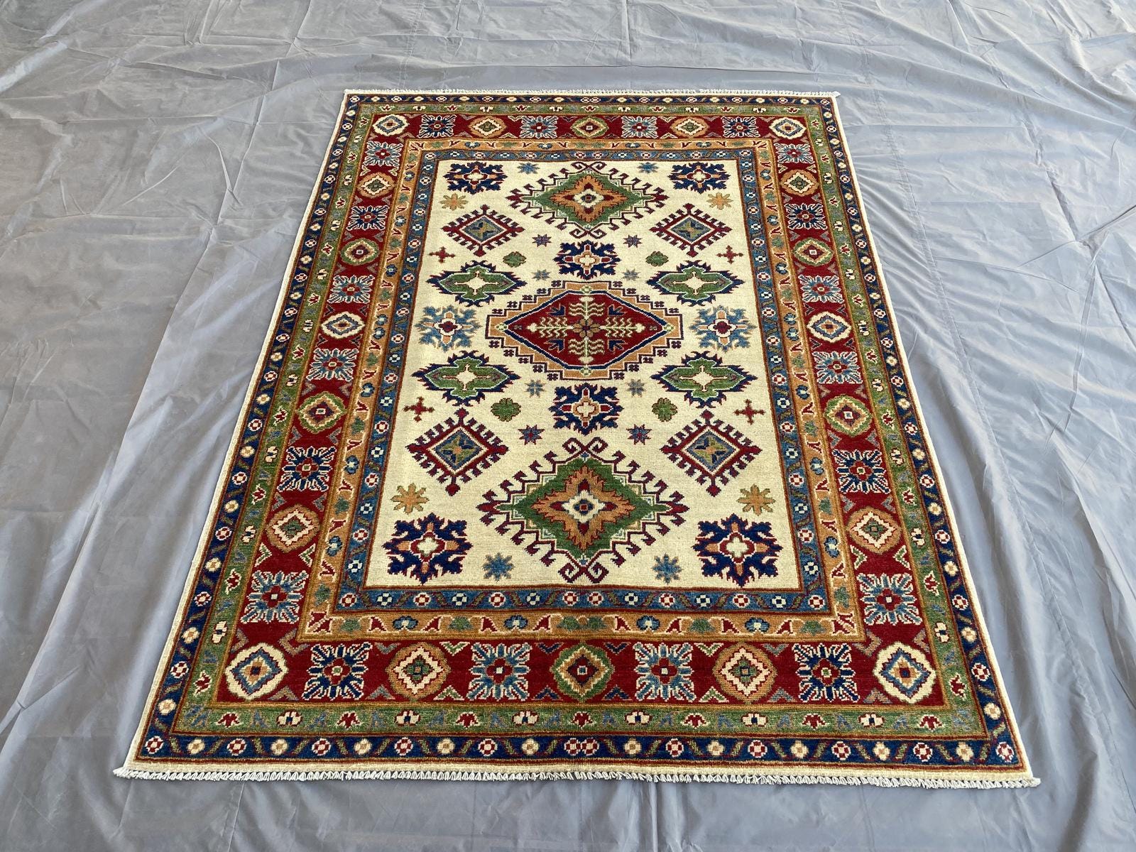 5x7 Handmade Afghan Oushak Rug, Modern Geometric Wool Carpet, Luxury Hand Knotted Area Rug, Traditional Bedroom Rug, Living Room Decor