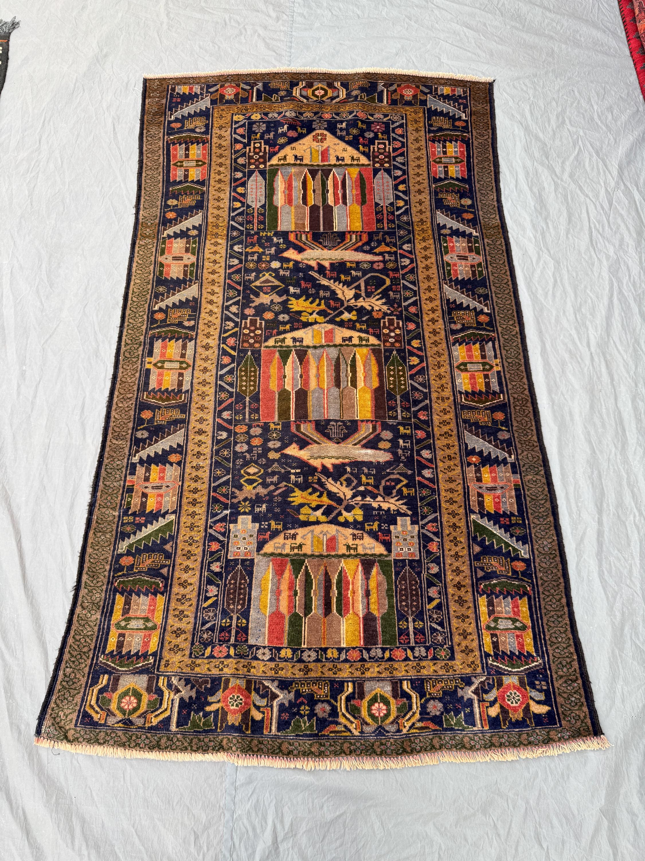 Vintage Turkish Caucasian Rug 3.8x6.7 ft | Hand-Knotted Wool Tribal Runner | Navy Blue One-of-a-Kind 1970s Pictorial Village Scene