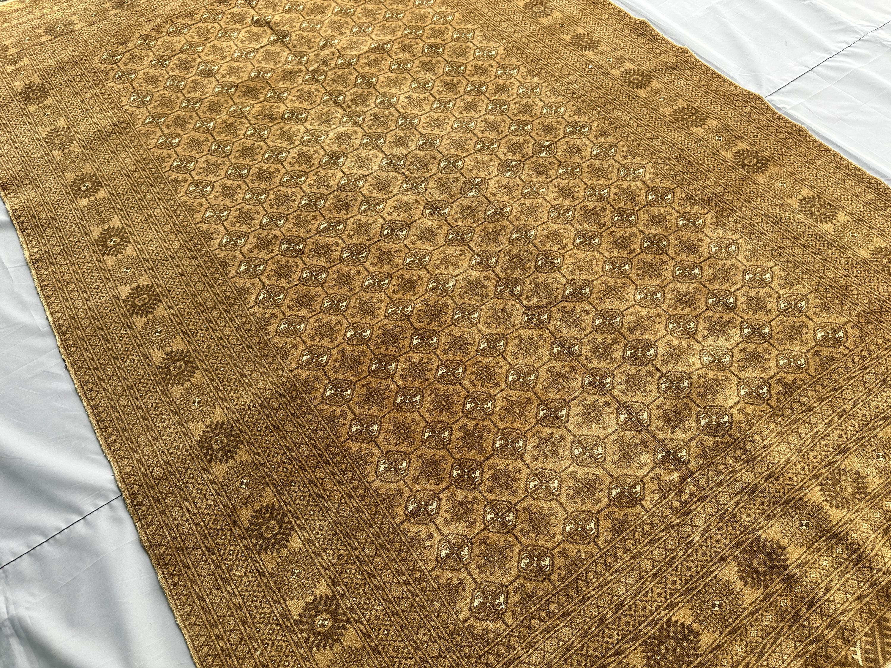 1970s Antique Afghan Mauri Rug 10x6, Antique Hand-Knotted Wool Carpet, Gold Tribal Turkmen Lattice Design, Vin