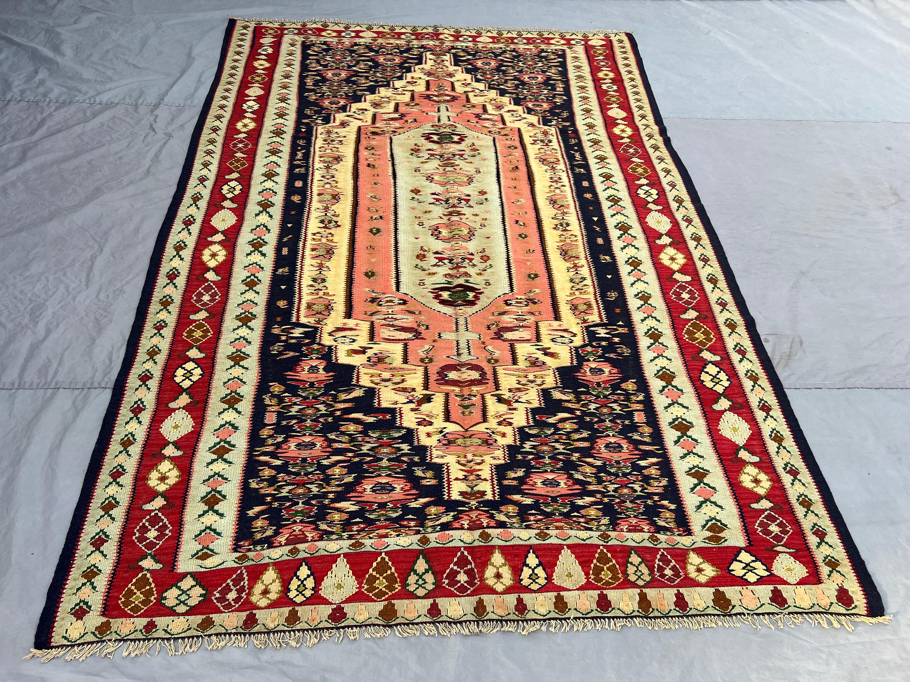 6'3 x 9'3 Ft Navy Blue Vintage Turkish Inspired Prayer Kilim Flatweave | Floral Mihrab Medallion Area Rug Living Room Prayer Area