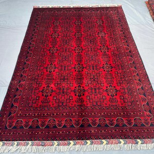 Moderner Roter Afghanischer Teppich 200x250 | Handgeknüpfter turkmenischer Buchara Teppich | Tribal Wollteppich | Traditioneller Teppich