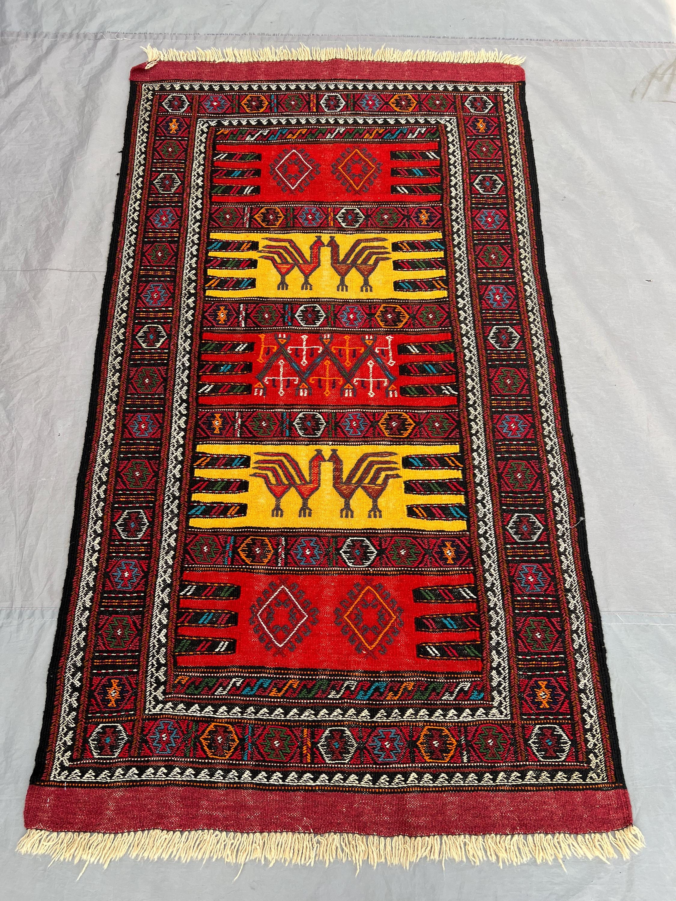 3'3x5'8 Ft Vintage Afghan Baluchi Kilim Flatweave | Red Gold Ivory Banded Animal Bird Motif |Handwoven Wool Rug Living Room Bedroom Hallway