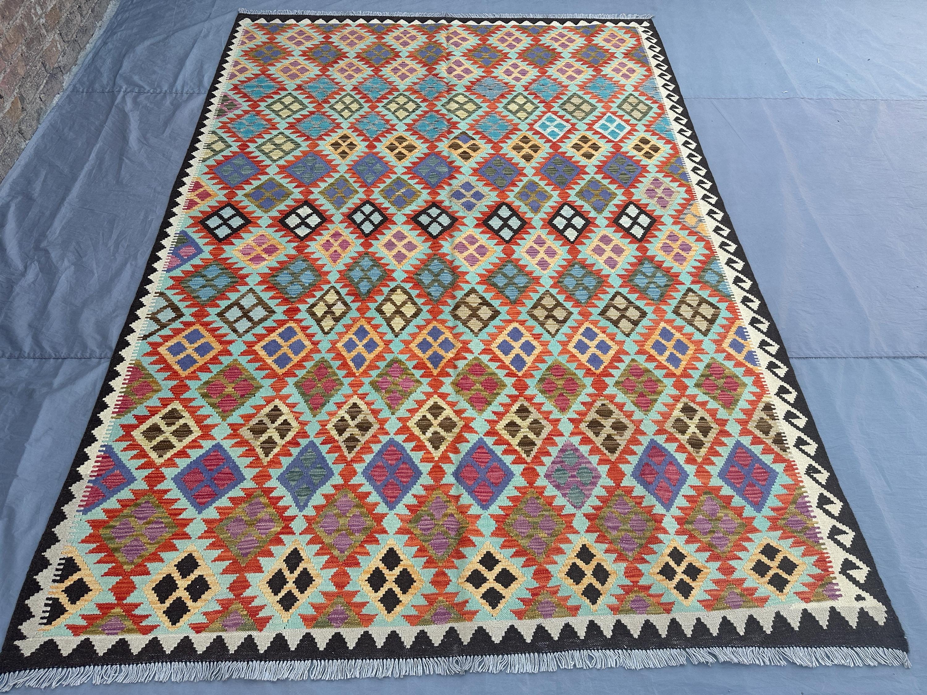 7x10 Afghan Kilim Rug | Handwoven Wool Flat Weave Carpet | Colorful Tribal Geometric Pattern | Large Boho Deco