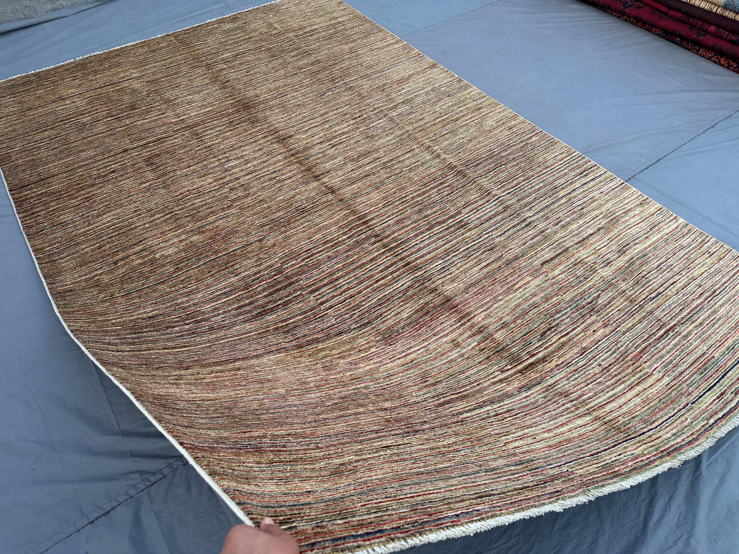 6'6x9'6 ft Afghan Hand Knotted Gabbah Rug, Berber Modern Wool Area Rug, Striped Minimalist, Beige Brown Multicolor Carpet Living Room Rug