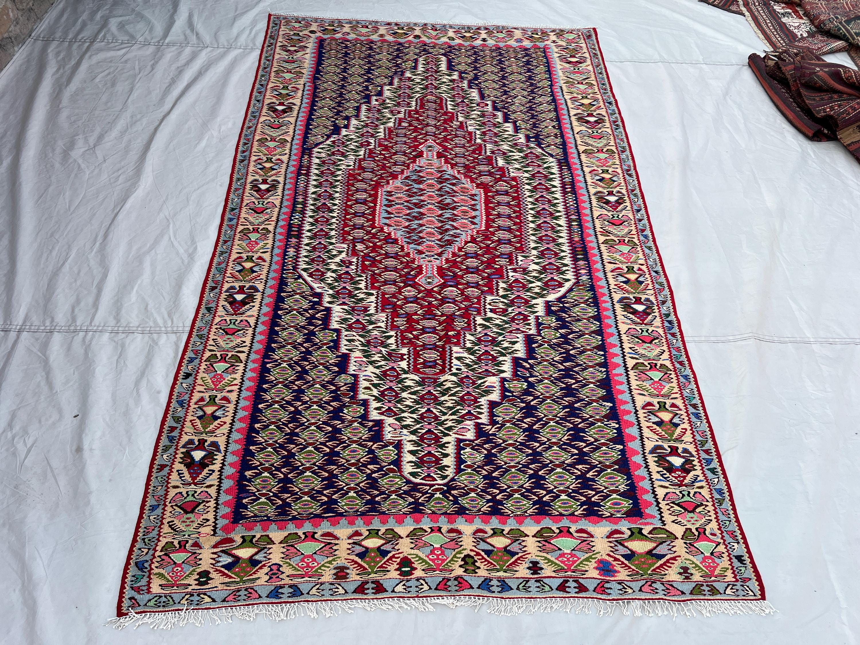 4'8x8' Ft Vintage Afghan Kilim Rug Navy Red Diamond Medallion All-Over Geometric Flatweave Handwoven Wool Area Rug | Living Room Bedroom