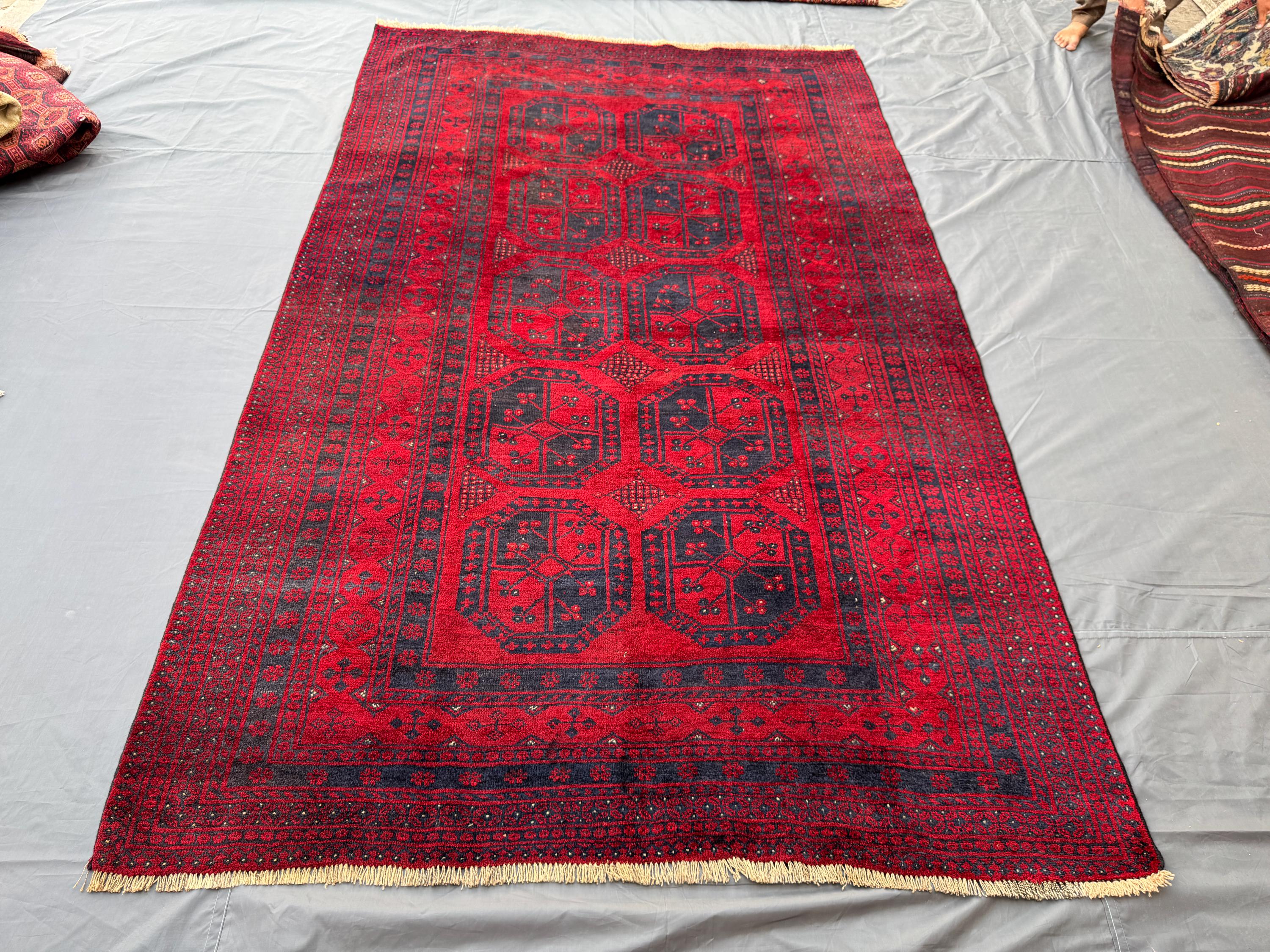 Red 6'1x9'6ft Afghan Turkoman Traditional Faded Vintage Rug, Handwoven Wool, Geometric Design, Oriental Carpet, Living Room Décor