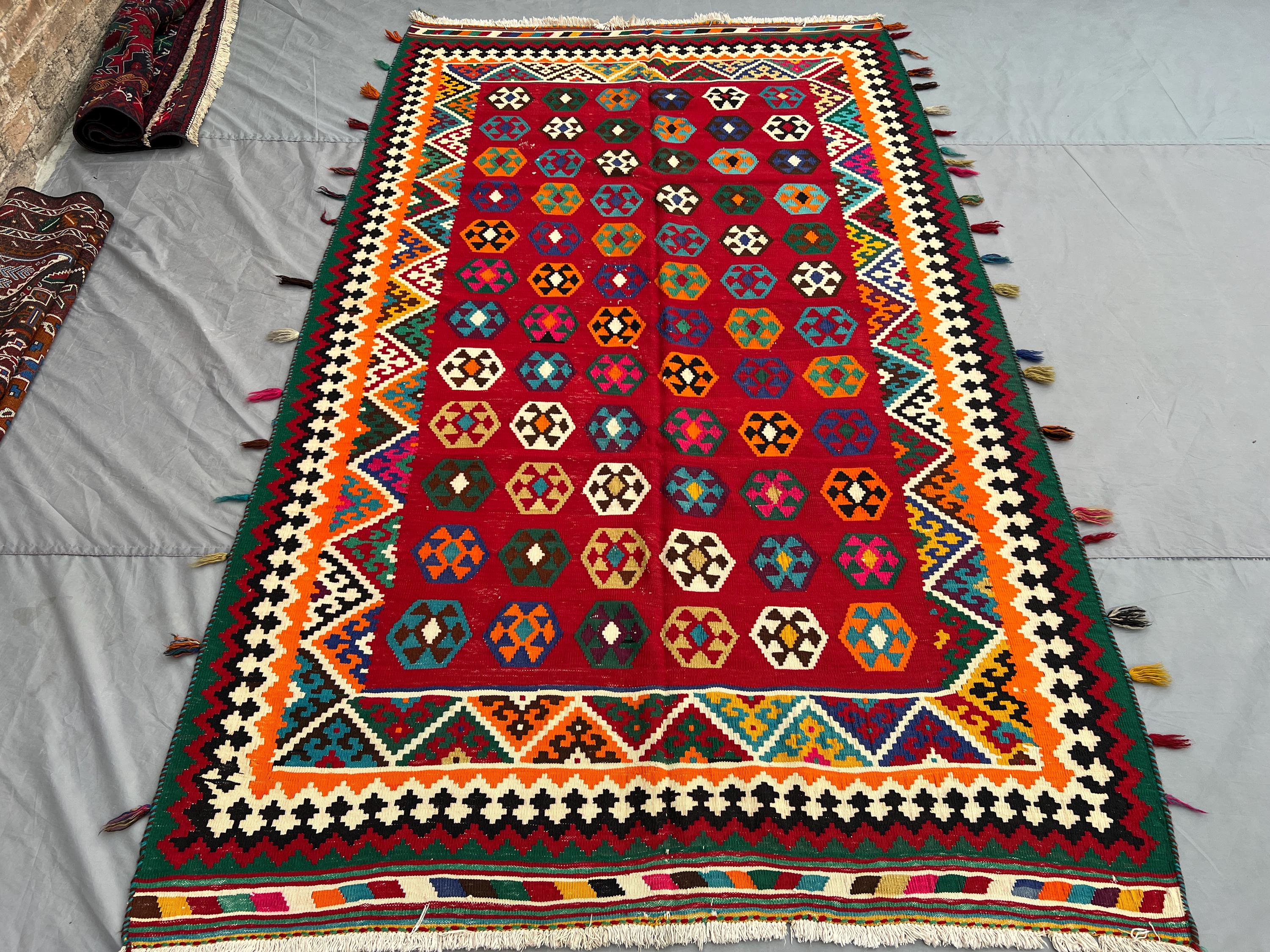 5'7x9'4 ft Vintage Turkish Kilim Rug | Handmade Wool Geometric Design | Bright Colors | Red, Green, Orange, Blue | Tribal Boho Area Rug